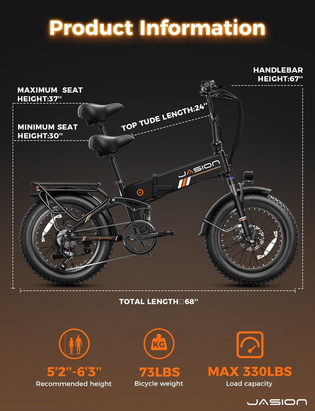 Jasion X Hunter PRO Electric Bike for Adults,1800W Peak 20''Fat Tire Foldable E Bikes,Folding Ebike Up to 80 Miles Range 30 MPH,720 WH Removable Battery,Certified by UL2849，X Hunter Upgrade