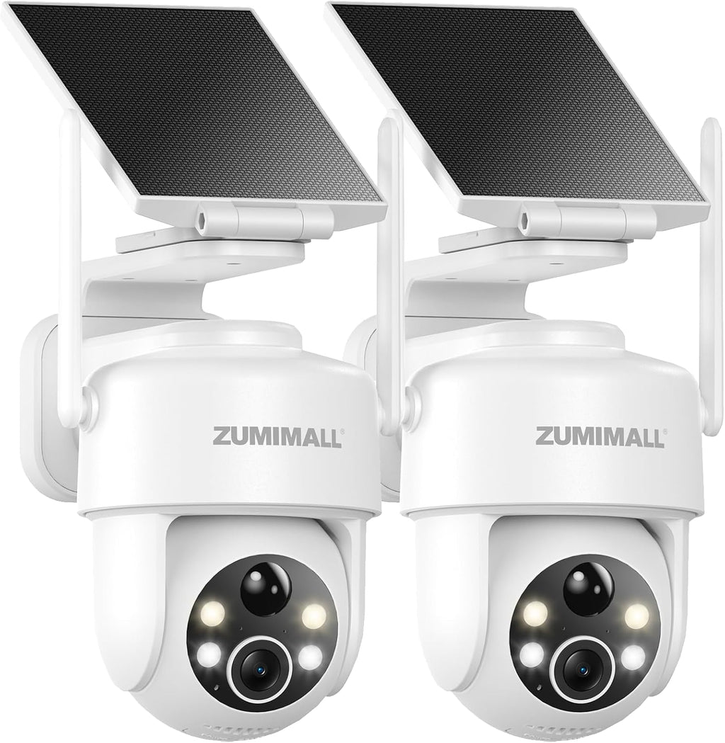 ZUMIMALL 2K Solar Security Cameras Wireless Outdoor 2-Pack, 360° PTZ Camera for Home Security with Color Night Vision, Flexible Mount, PIR Motion, 2-Way Talk, Free Cloud Storage, Work with Cloudedge