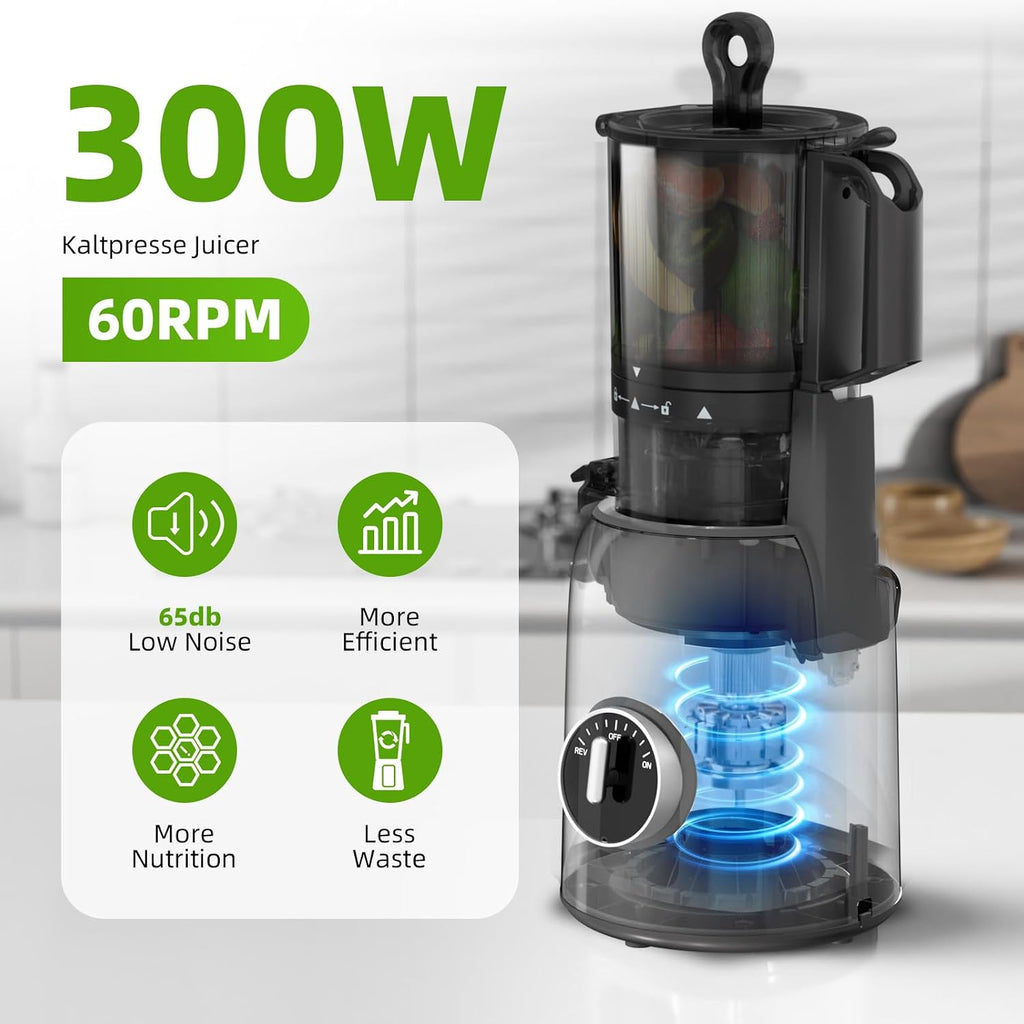 Crzoe 300W Cold Press Juicer with a 5.4 Wide Feed Chute for Whole Fruits and Vegetables,Vintage knob,Slow Masticating juicer, Easy to Clean and High juice Yield,Cylindrical body,Stainless Steel
