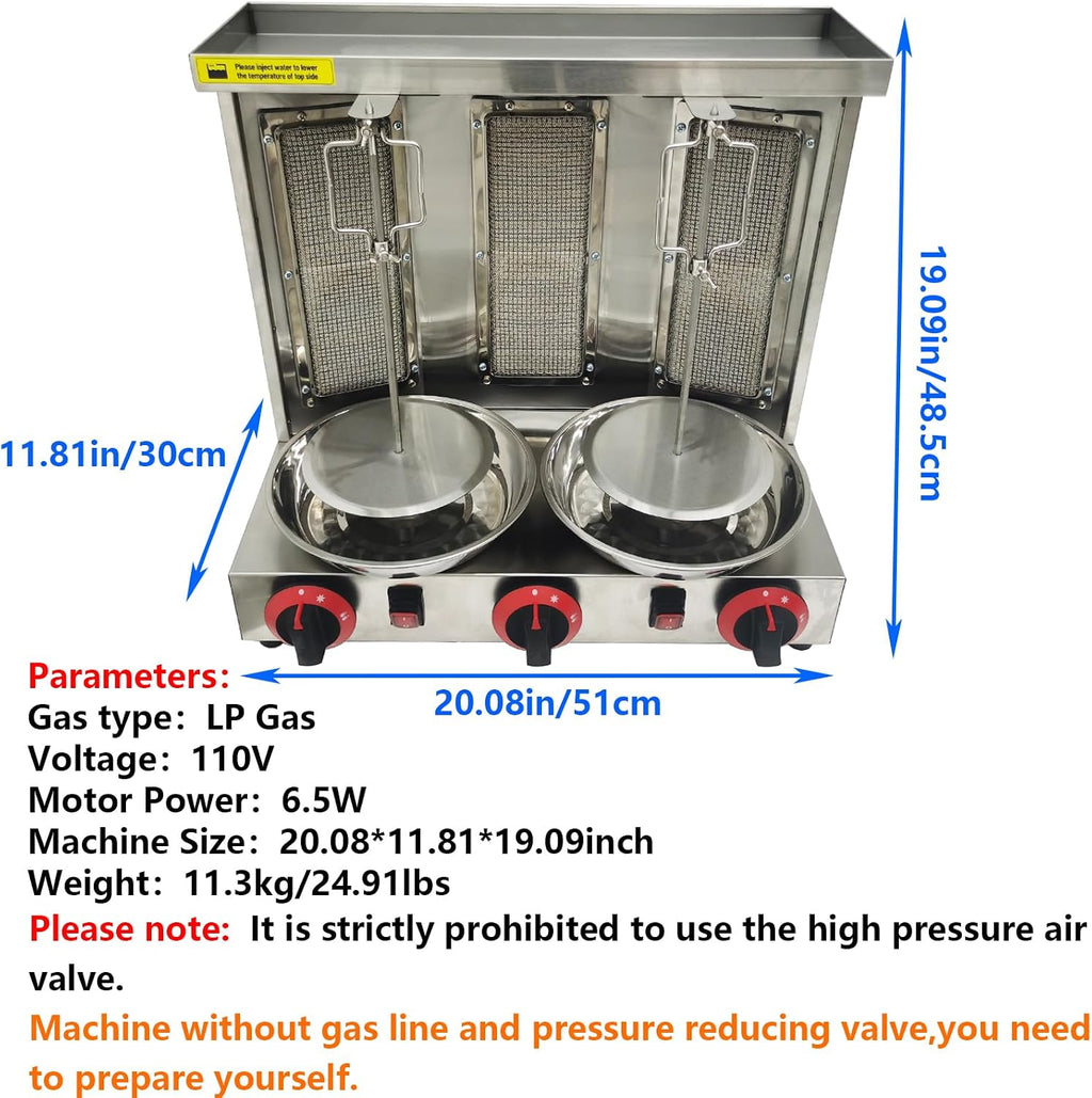 Shawarma Grill Machine with 3 Burners LP Gas Kebab Gyro Grill Machine Vertical Rotating Broiler for Home Restaurant Kitchen Party
