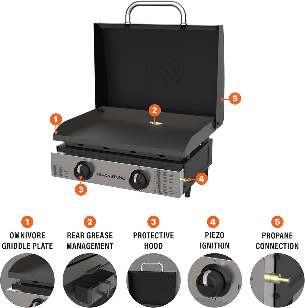Blackstone 1813 Original 22' Tabletop Griddle with Hood and Stainless Steel Front Plate, Powder Coated Steel, Black