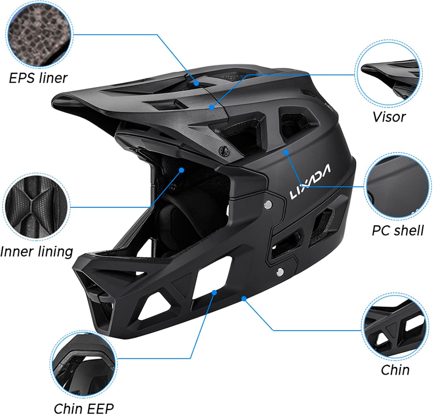 Lixada Adult Bike Helmet, Full Face Mountain Bike Helmet Lightweight Bicycle Helmet with Pads & Visor, Comfort Cycling Helmet Racing Downhill MTB Helmet for Men Women