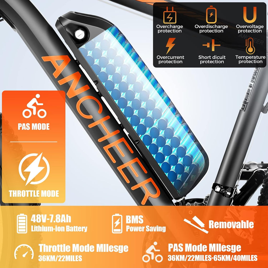 ANCHEER 26' Electric Bike for Adults, [Peak 749W Motor] Electric Mountain Bike, 19.8MPH Commuter Ebike, 50 Miles Adults Electric Bicycle with 48V/374Wh Battery, LCD Display, 21 Speed, Front Suspension