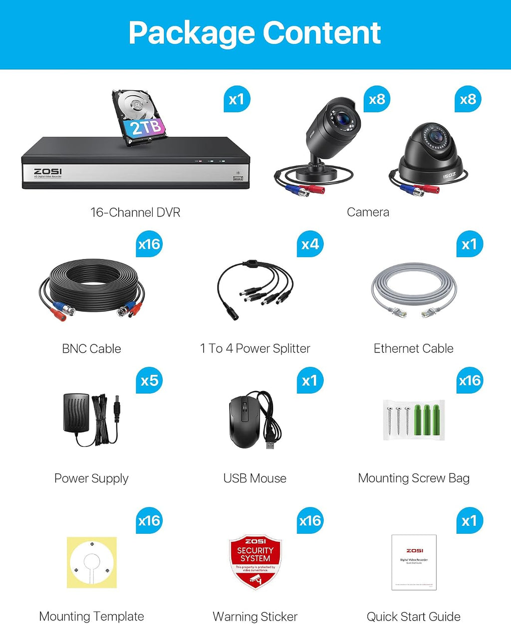 ZOSI 3K Lite 16CH Security Camera System with AI Human Vehicle Detection, Night Vision, 16 x 1080p Outdoor Indoor CCTV Wired Cameras, 16 Channel H.265+ Surveillance DVR with 2TB HDD for 24/7 Recording