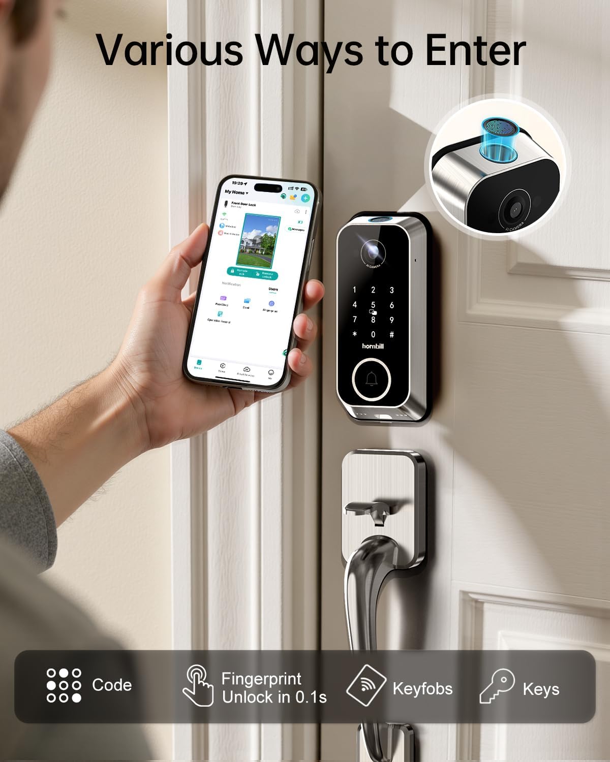 Hornbill Video Smart Lock with Camera: 10-in-1 Ring+2K Camera+Doorbell+Fingerprint Keyless Entry Door Lock, Built-in WiFi Deadbolt(only 2.4G), Two-Way Audio/App Remote Control/PIR, Satin Nickel