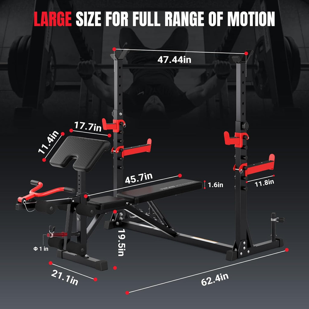 Yoleo Weight Bench with Rack - Bench Press Set, Leg Extension, Preacher Curl & Flat/Incline/Decline Full Body Workout Bench, Adjustable Olympic Weight Benches for Home Gym(47.44IN WIDE GRIP)