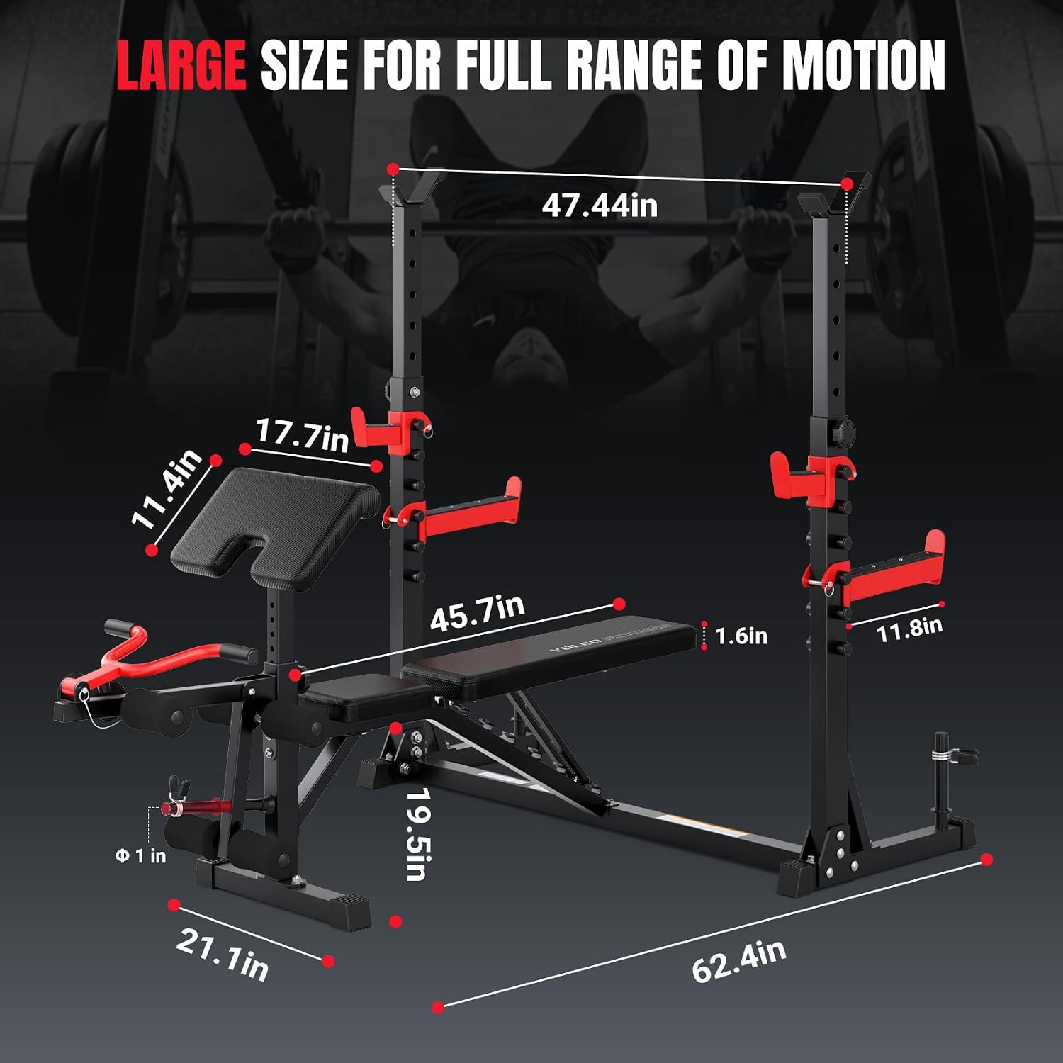 Yoleo Weight Bench with Rack - Bench Press Set, Leg Extension, Preacher Curl & Flat/Incline/Decline Full Body Workout Bench, Adjustable Olympic Weight Benches for Home Gym(47.44IN WIDE GRIP)