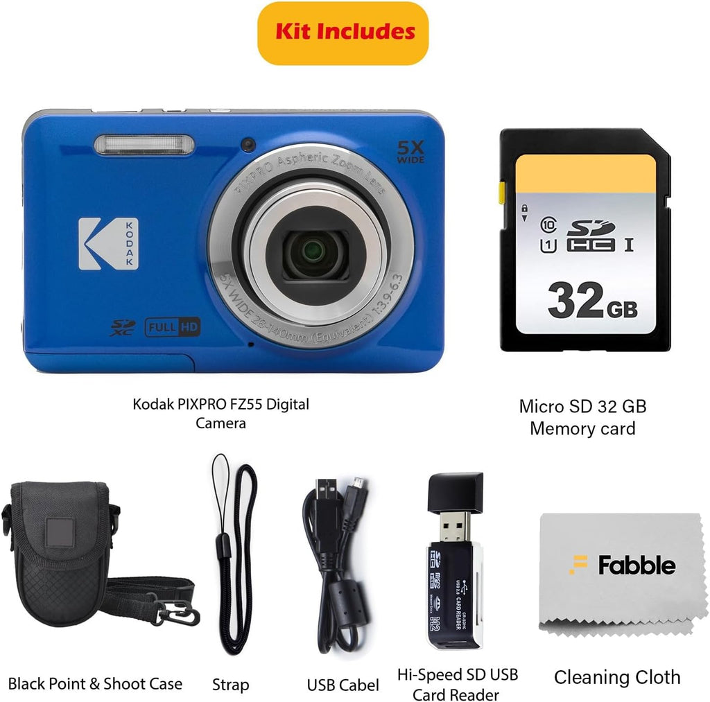 KODAK PIXPRO FZ55 16MP Digital Point & Shoot Camera, 5X Optical Zoom, 28mm Wide Angle, 1080P Full HD Video, Bundle with 32GB SD Card, Protective Case, and Hi-Speed Card Reader (Blue)