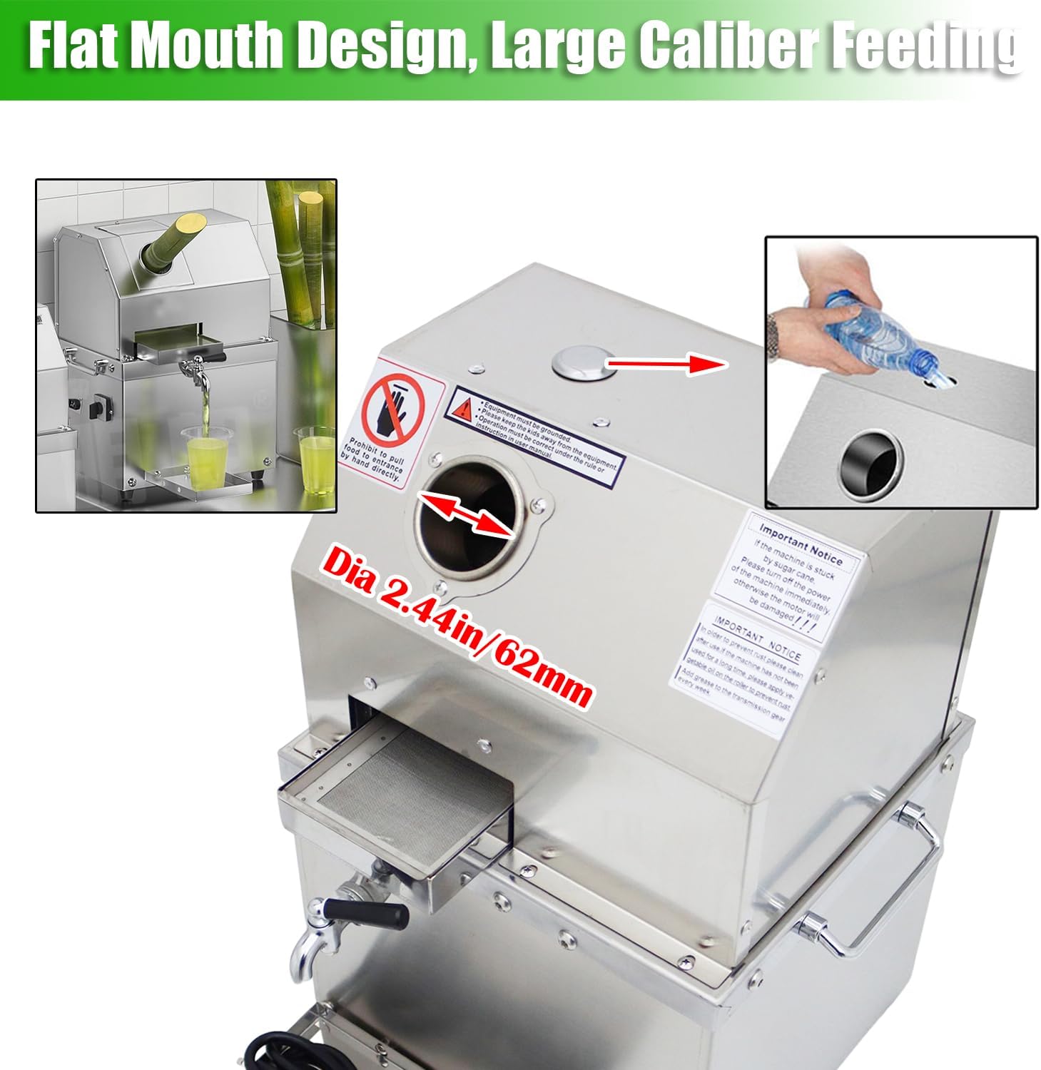 INTBUYING Electric Sugarcane Juicer 800W Sugar Cane Press Machine with 3 Stainless Steel Rollers 660LB/H Output 2.4' Inlet Sugarcane Juice Extractor Squeezer with Brake wheels for Commercial Home