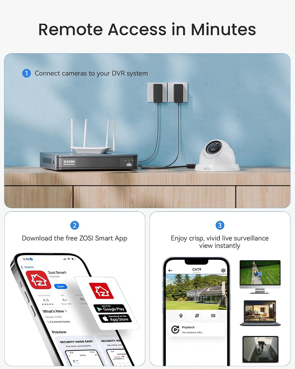 ZOSI 1080P H.265+ Home Security Camera System with AI Human Vehicle Detection, 5MP 3K 8 Channel Surveillance DVR and 4 x 1080p Weatherproof CCTV Dome Camera Outdoor Indoor, 80ft Night Vision, No HDD