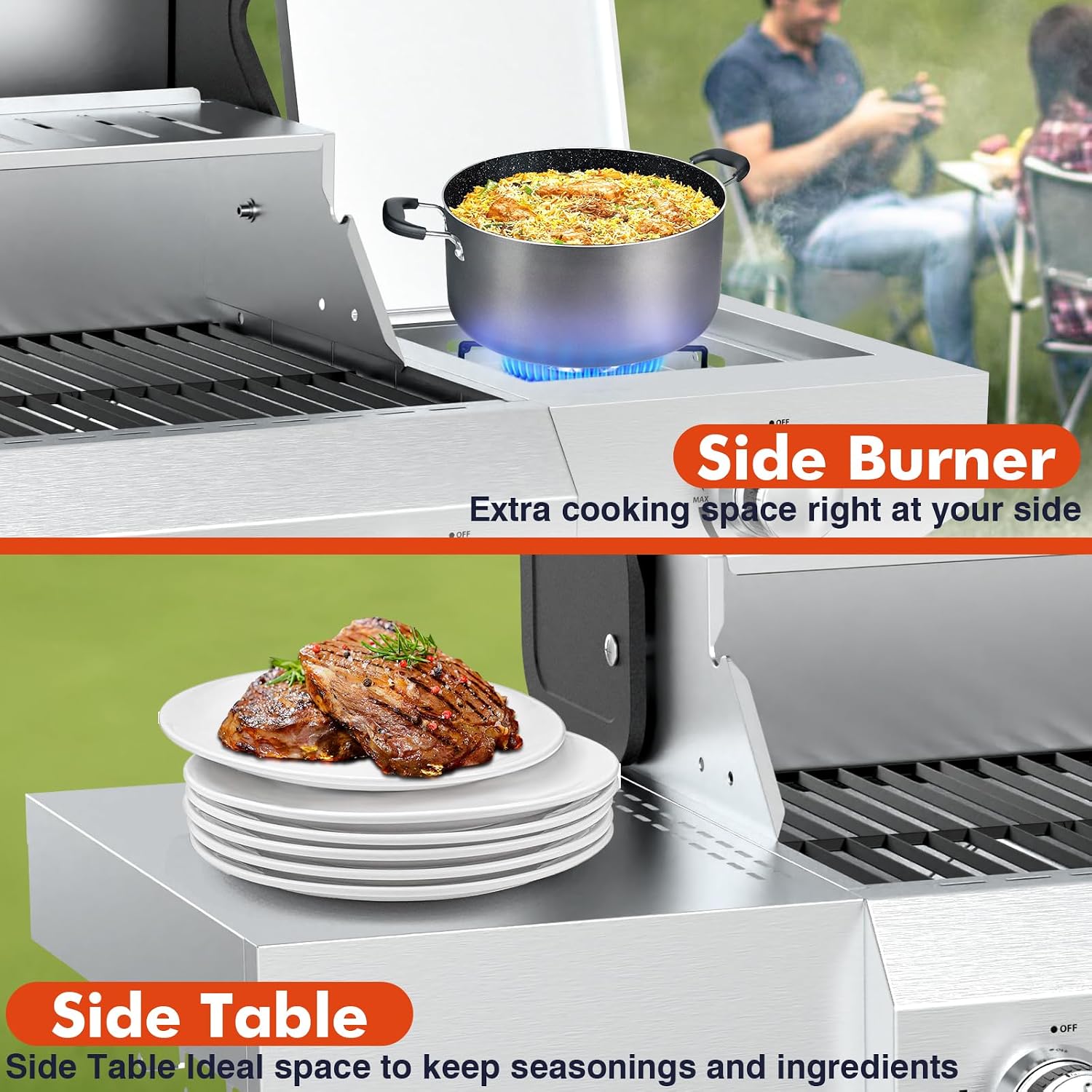 Llamaviva 4 Burner Gas Grill with Side Burner 60000 BTU Propane Flat Top Grill Stainless Steel Outdoor BBQ Grill Portable with Wheels for Patio Camping