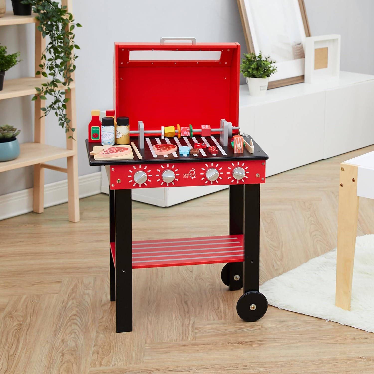 Teamson Kids Little Helper Backyard BBQ Grill Playset 25 Play Cooking Accessories, Pretend Play Kids Kitchen Preschool Playset, Red/Black