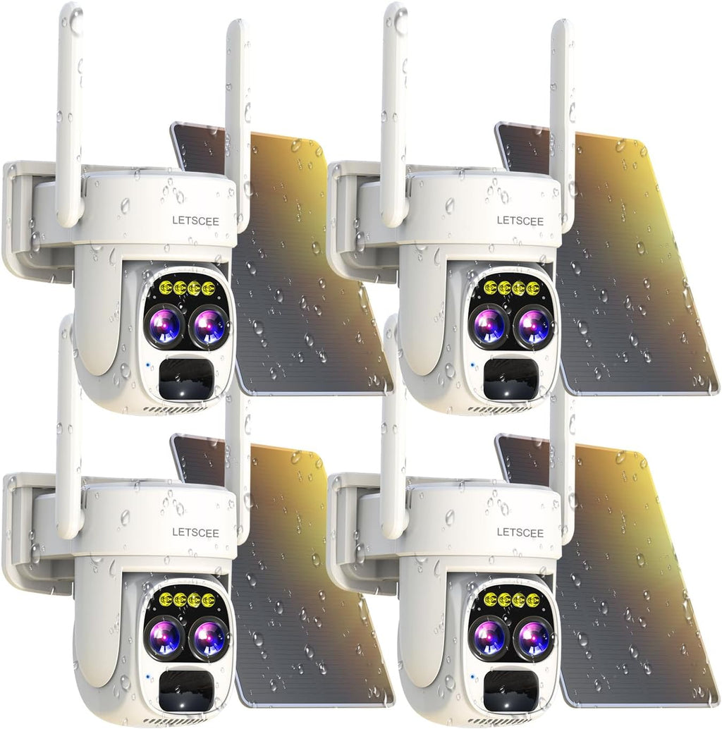 LETSCEE Security Cameras Wirelss Outdoor Solar Powered for Home Security, 360 View Outside Camera,Motion Detection,10x Hybrid Zoom PAN Tile,IP-65 Weather Proof (4 Pack)