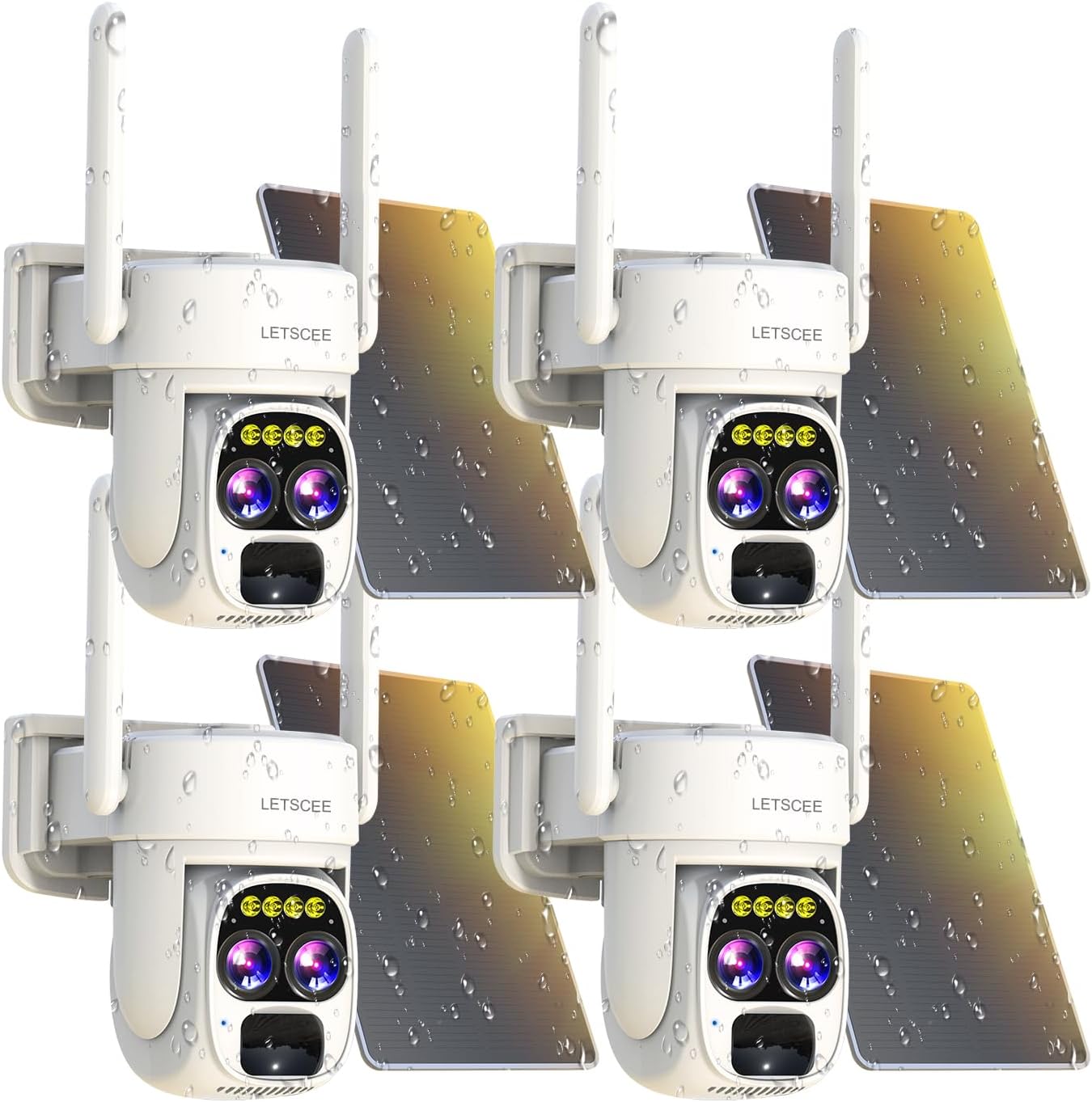 LETSCEE Security Cameras Wirelss Outdoor Solar Powered for Home Security, 360 View Outside Camera,Motion Detection,10x Hybrid Zoom PAN Tile,IP-65 Weather Proof (4 Pack)