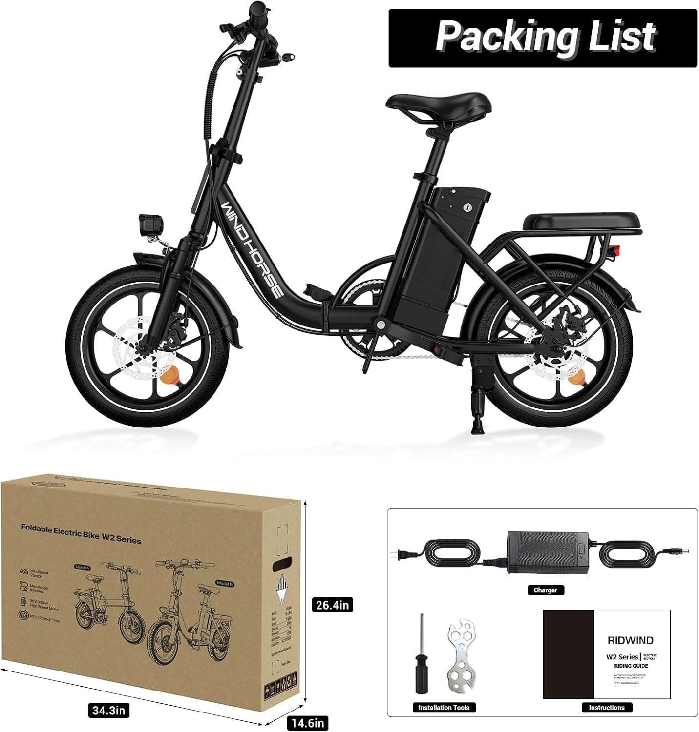 RIDWIND 16' Folding Electric Bike Adults, Peak 630W Adult Electric Bicycles, Up to 25 MPH and 35 Miles Foldable Ebikes, Electric Bike for Teens with 36V 8Ah Removable Battery, UL2849 Certificate