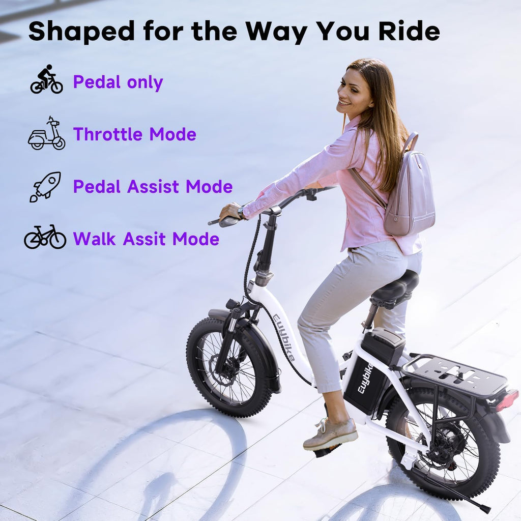 EUYBIKE Folding Electric Bike for Adults with Peak 1000W Motor, 48V 20AH Battery up to 80 Miles, 20' Fat Tire All Terrain Ebike, Front Suspension 7-Speed Commuter E Bike, Step-Thru, UL Certified