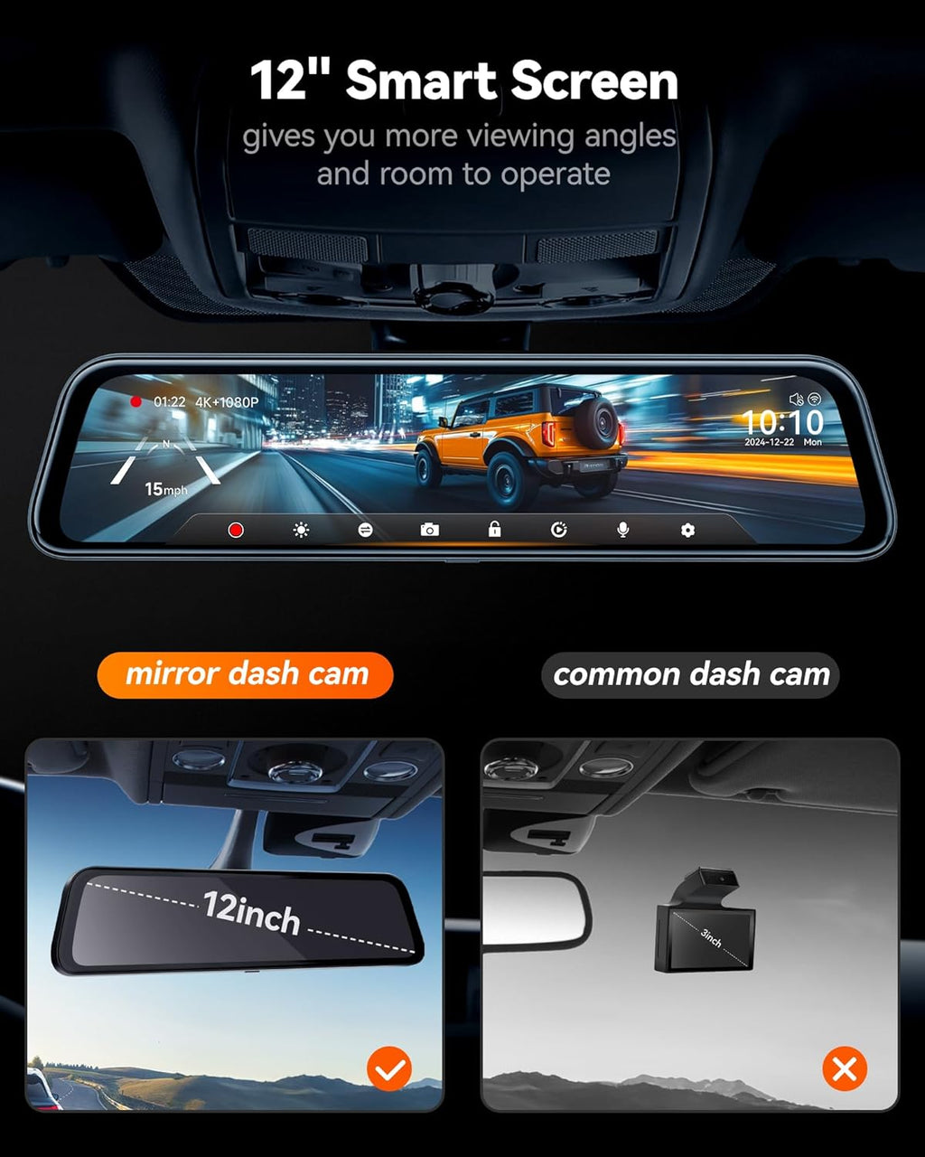WOLFBOX G840S 12' 4K Mirror Dash Cam Backup Camera, 5.8GHz WiFi Smart Rearview Mirror for Cars & Trucks, Front and Rear View Dual Cameras, Night Vision, Parking Assistance, Included 32GB Card & GPS