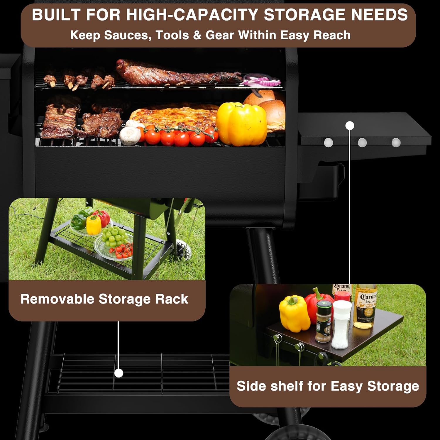 KingChii Electric Wood Pellet Grill & Smoker with Side Shelf, 456 SQ.IN Grill Capacity, 18LB Hopper, with PID Temperature Control (180-425°F) for Backyard Camping Bake and Roast, Black with Cover