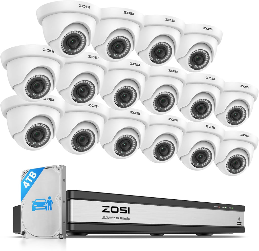 ZOSI H.265+ 16 Channel Security Camera System with AI Human Vehicle Detect, 16CH Surveillance DVR and 8 x 1080p CCTV Weatherproof Dome Camera Outdoor, 80ft Night Vision, 105°Wide Angle, 4TB Hard Drive