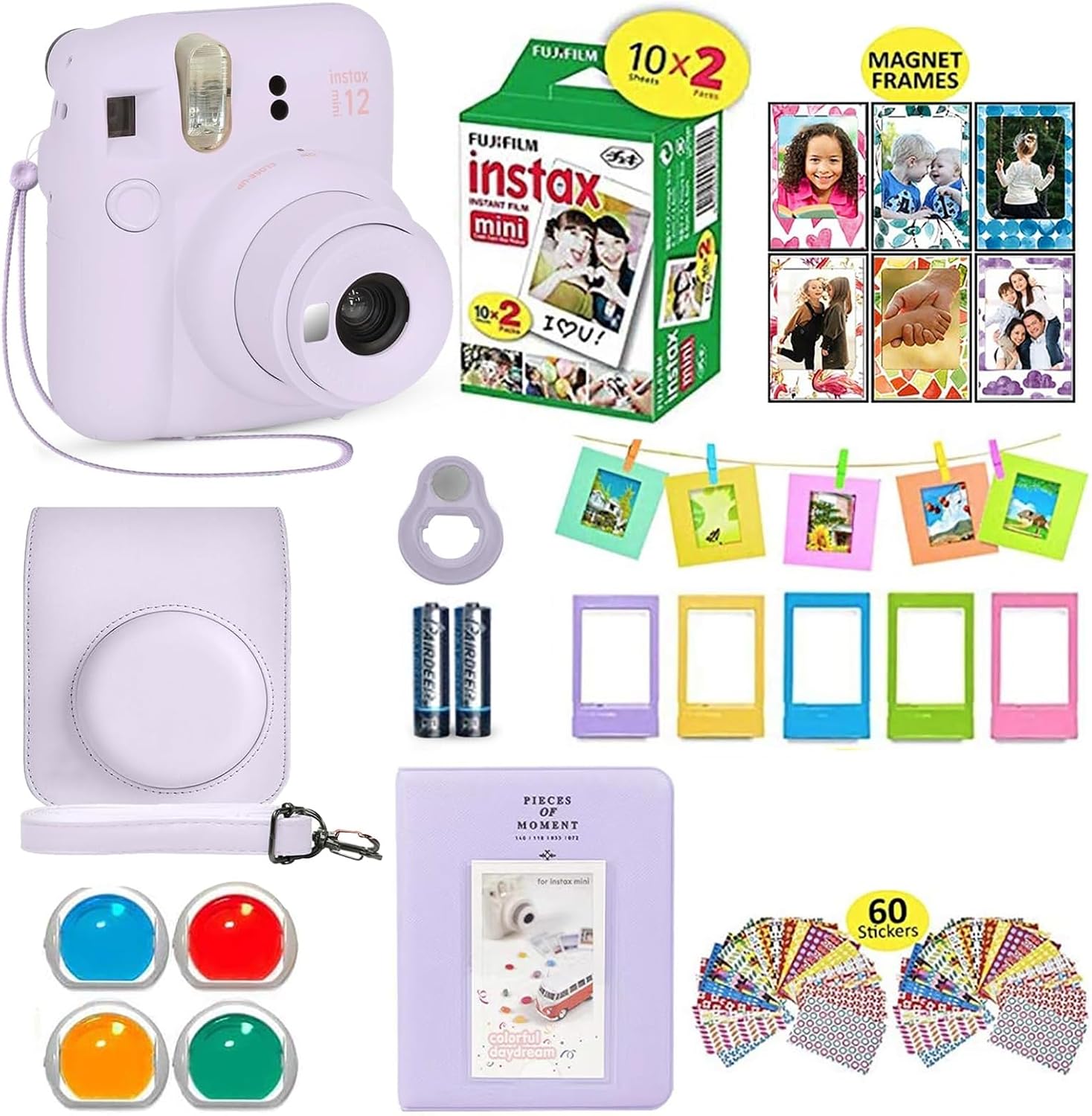 Fujifilm Instax Mini 12 Instant Camera Lilac Purple + Shutter Compatible Carrying Case + Fuji Film Value Pack (20 Sheets) + Shutter Accessories Bundle, Color Filters, Photo Album, Assorted Frames.