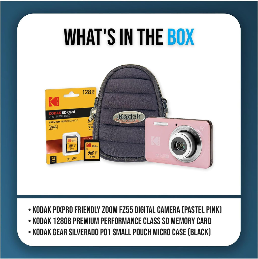 KODAK PixPro FZ55 Friendly Zoom Pastel Pink 16MP Full HD Digital Camera Bundle with High-Speed 128GB SD Card and Small Pouch Black Case (3 Items)
