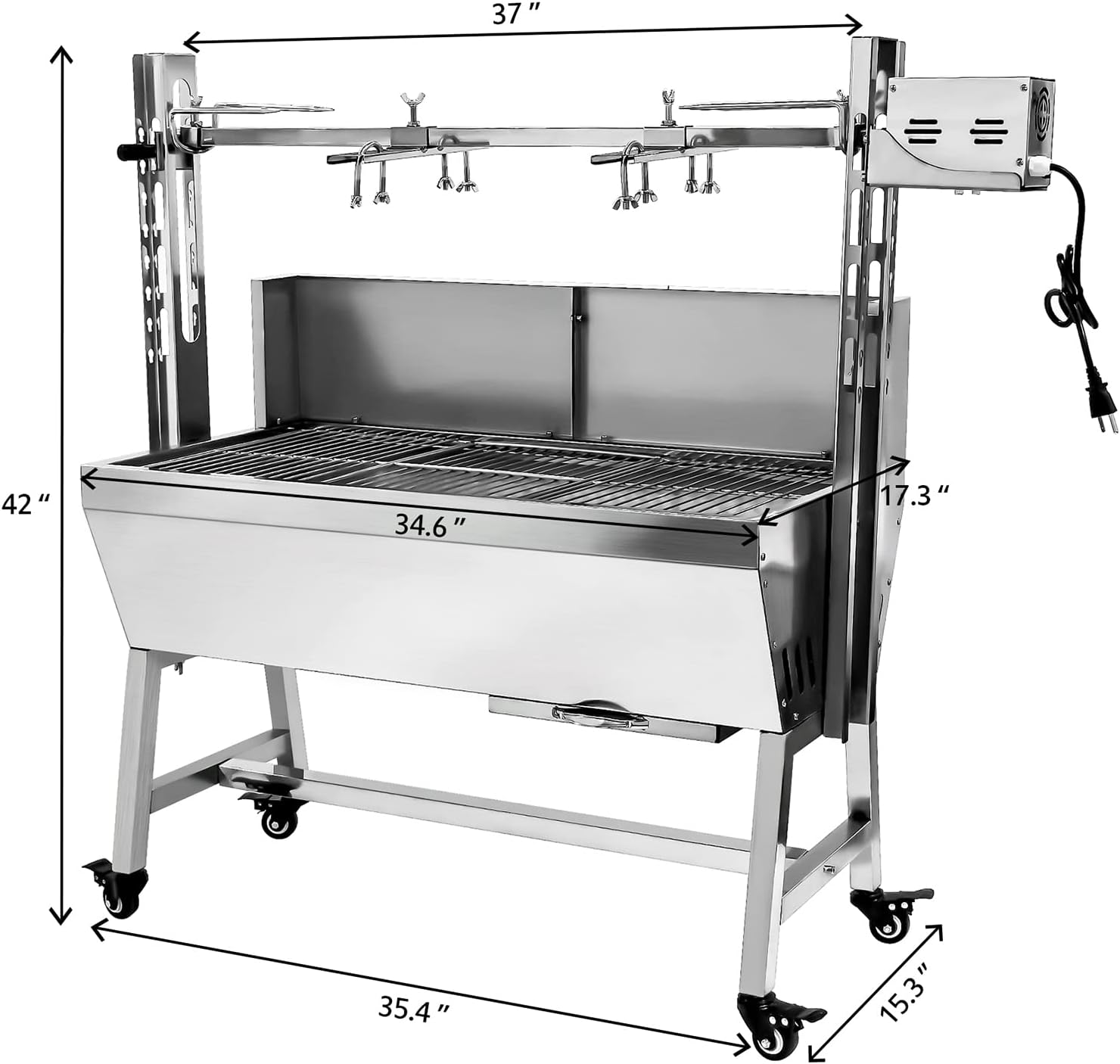 132 LBS Rotisserie Grill Stainless Steel Charcoal Spit Roaster, 37' Pig Lamb Hooded Roaster Charcoal Spit With 25W Motor & Adjustable Height Lockable Casters For Outdoor Party Barbecue