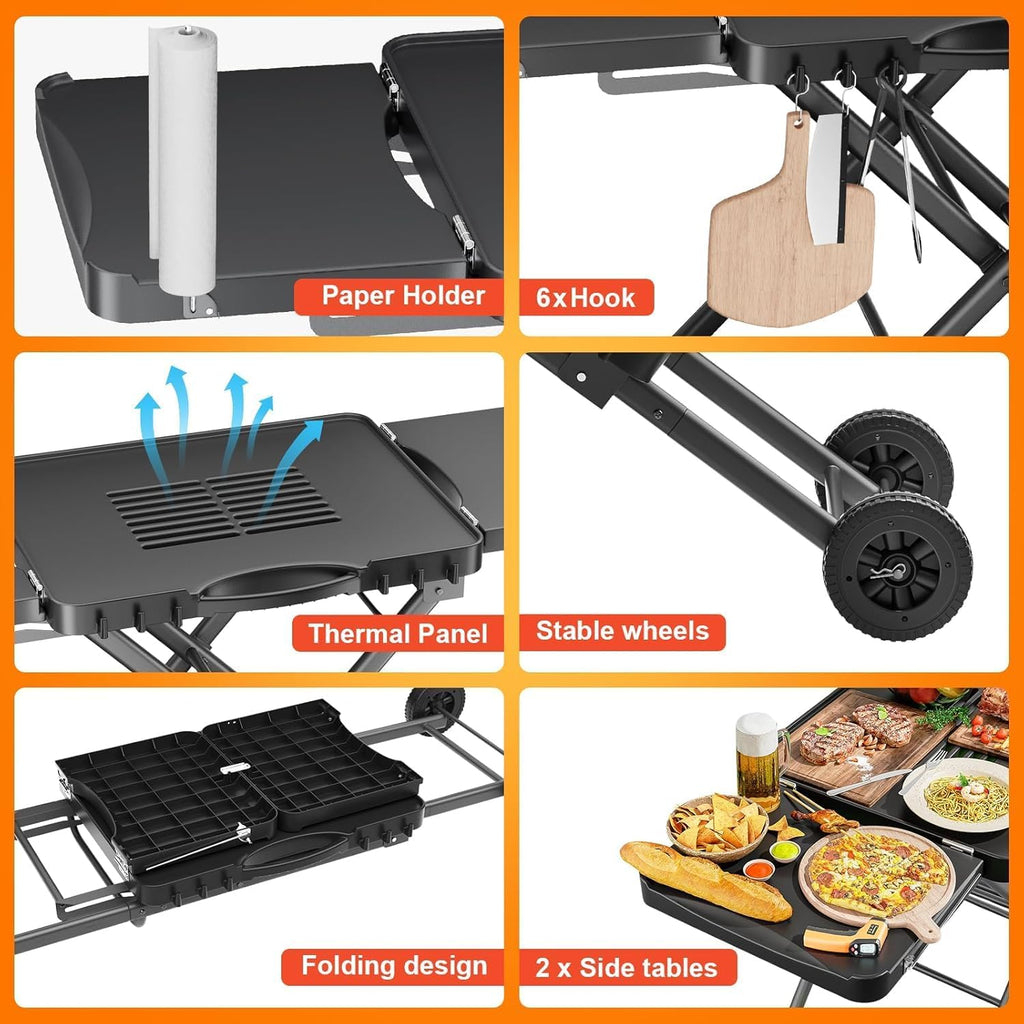 Hisencn Portable Grill Table Stand for Ninja Woodfire Outdoor Grill OG701 OG901 OG850 OG951, Pizza Oven Table Stand for Onni 12, Folding Camping Grill Table Cart for Blackstone 17'/22', with 2 Wheels
