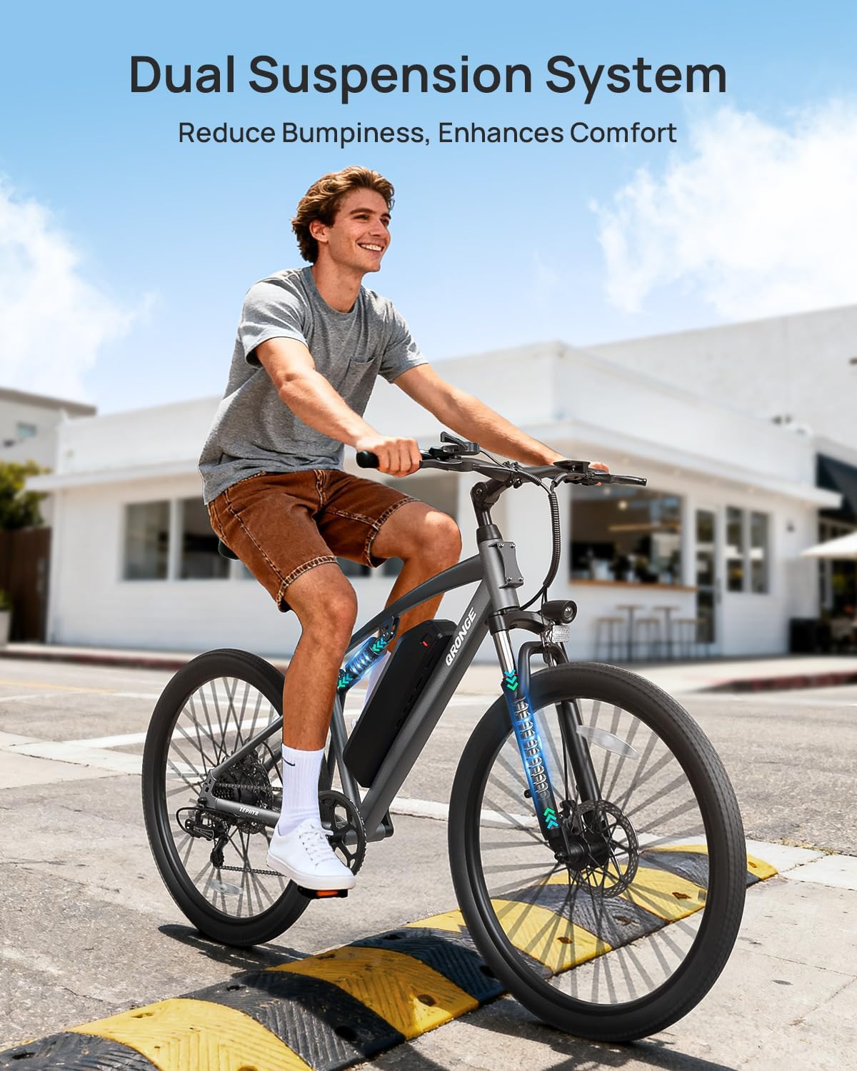 QRONGE Electric Bike for Adults, Full Suspension Ebike, 1000W Peak Motor 486Wh Battery, 28MPH(PAS Mode) Mountain Electric Bicycles, 7 Speed, 26'' Tire, Up to 70 Miles, Zephyr
