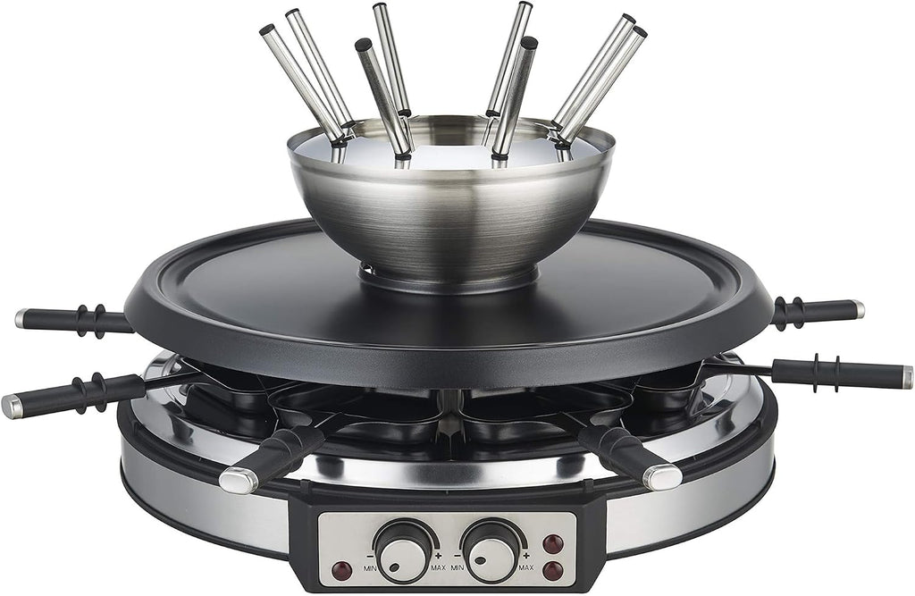 GIVENEU 2-in-1 Electric Fondue Pot Set & Raclette Grill Combo (8 Person), 1500W Indoor Tabletop BBQ with 600ml Stainless Steel Cheese/Chocolate Melting Pot, Dual Thermostats for Holiday Family Parties