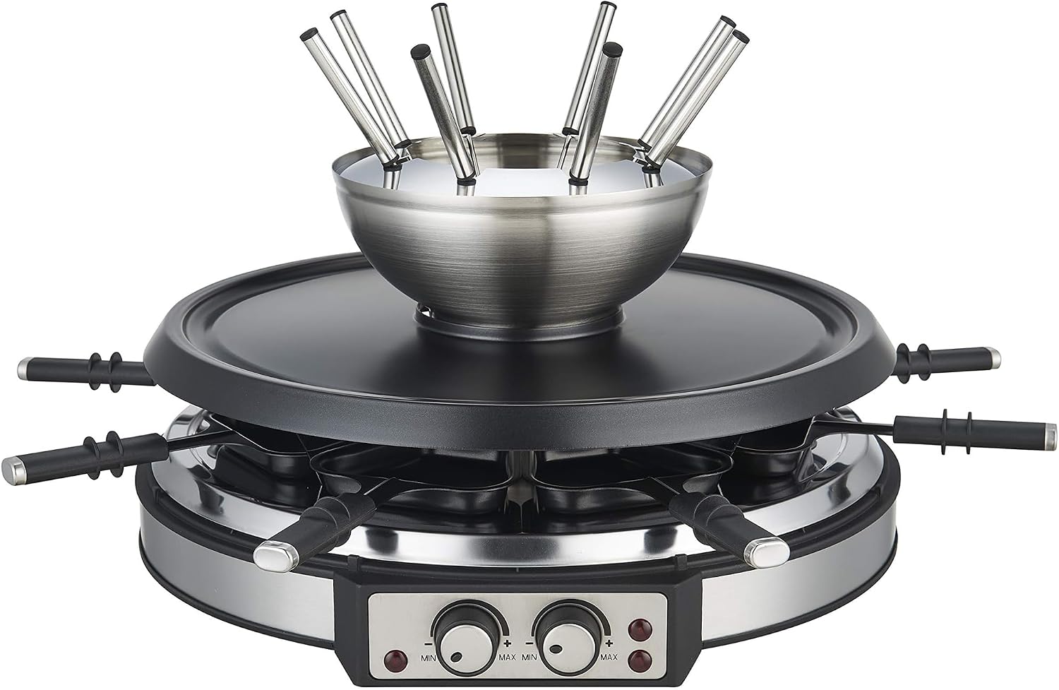 GIVENEU 2-in-1 Electric Fondue Pot Set & Raclette Grill Combo (8 Person), 1500W Indoor Tabletop BBQ with 600ml Stainless Steel Cheese/Chocolate Melting Pot, Dual Thermostats for Holiday Family Parties