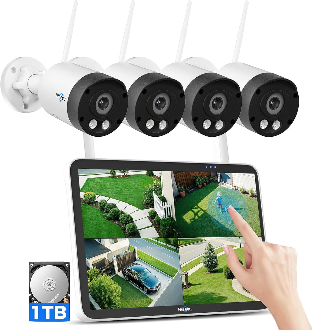 Hiseeu 8MP Outdoor Wireless Security Camera System, 10' Touch Screen NVR, 5G/2.4G WiFi-Pro 4K Cameras Kits, Full-Color Night Vision, Motion Detection, Two-Way Audio, IP66 Waterproof, 1TB HDD, No Fees