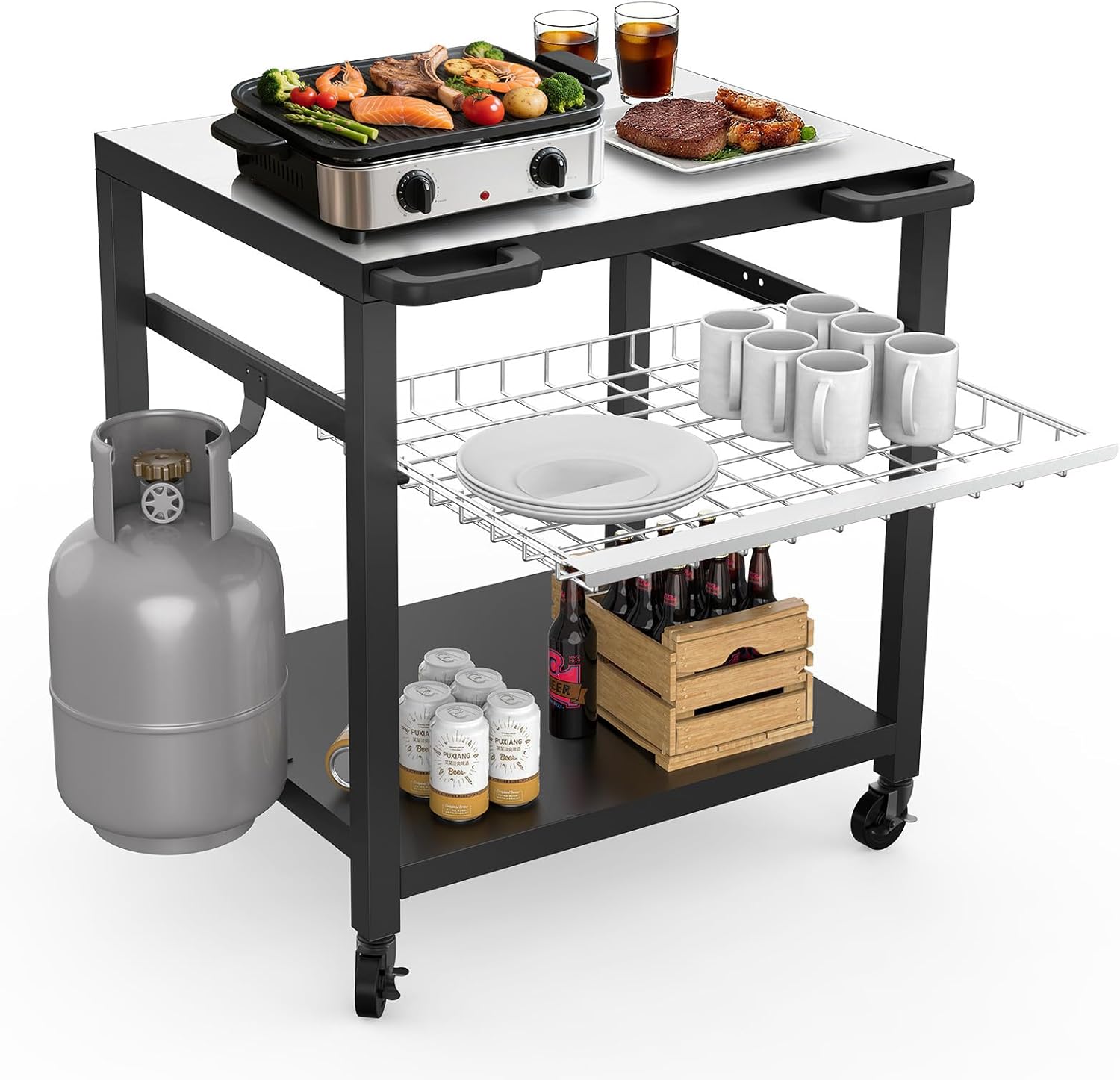 NUUK Grill Cart 30'x24' Pizza Oven Table for Outdoor 3-Shelf with Stainless Steel Top and Sliding Drawer BBQ Grilling Carts Outside Serving Prep Tables Indoor Stand