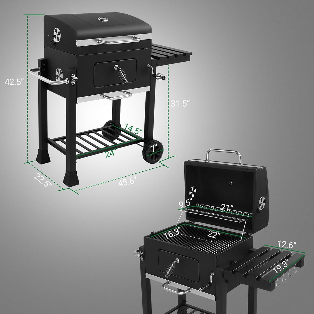 45.6' Portable Charcoal Grill,Metal Outdoor Barbecue Smoker,Heavy Duty Outdoor BBQ Grill,Vertical Camping Barbecue Grill,with Foldable Side Table & Wheels,for Garden Patio Beach Backyard (Black)