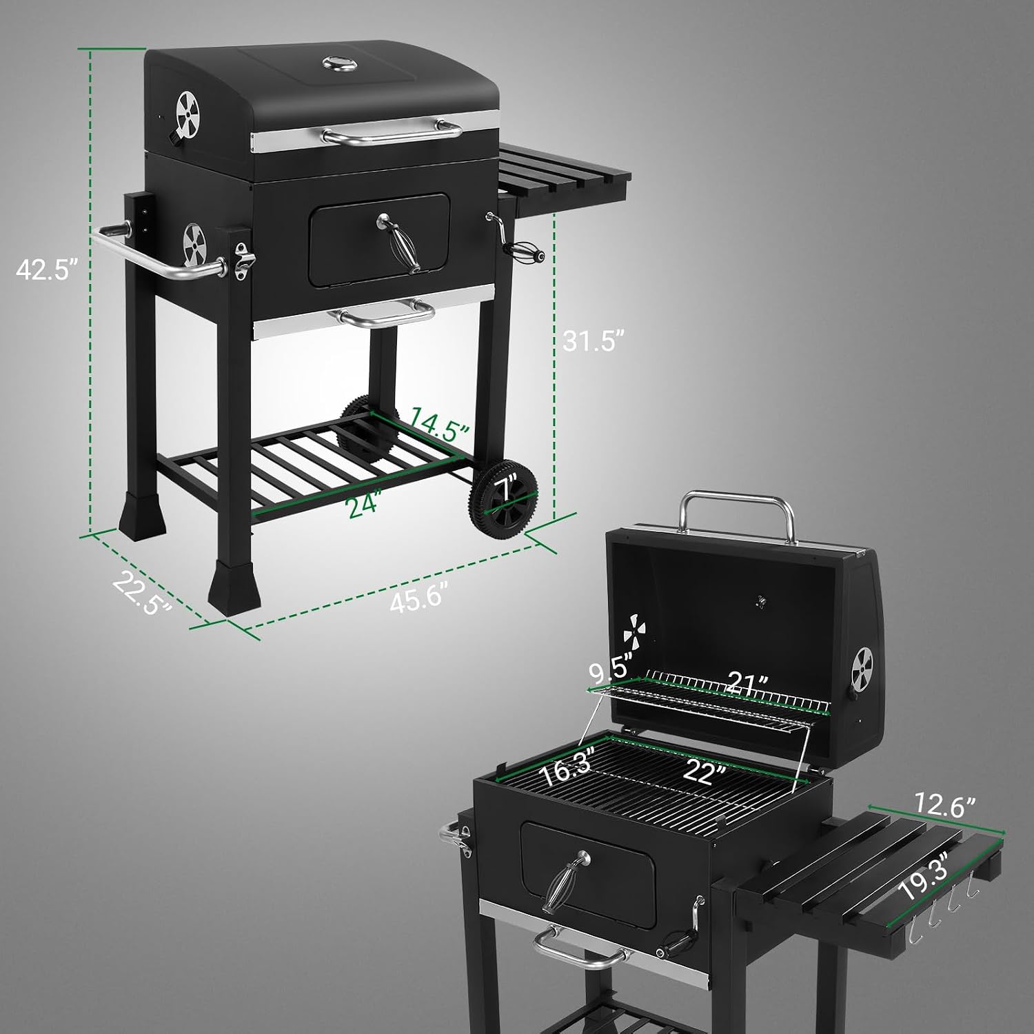 45.6' Portable Charcoal Grill,Metal Outdoor Barbecue Smoker,Heavy Duty Outdoor BBQ Grill,Vertical Camping Barbecue Grill,with Foldable Side Table & Wheels,for Garden Patio Beach Backyard (Black)