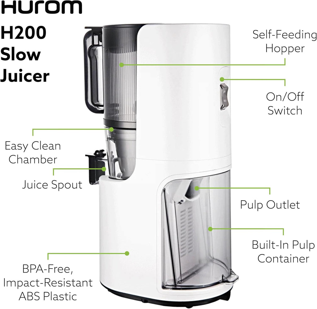 Hurom H200 Renewed Easy Clean Slow Juicer, White | Hands-Free | Hopper Fits Whole Produce | Quiet Motor | BPA Free | Easy Assembly | Cold Press Masticating Juicer