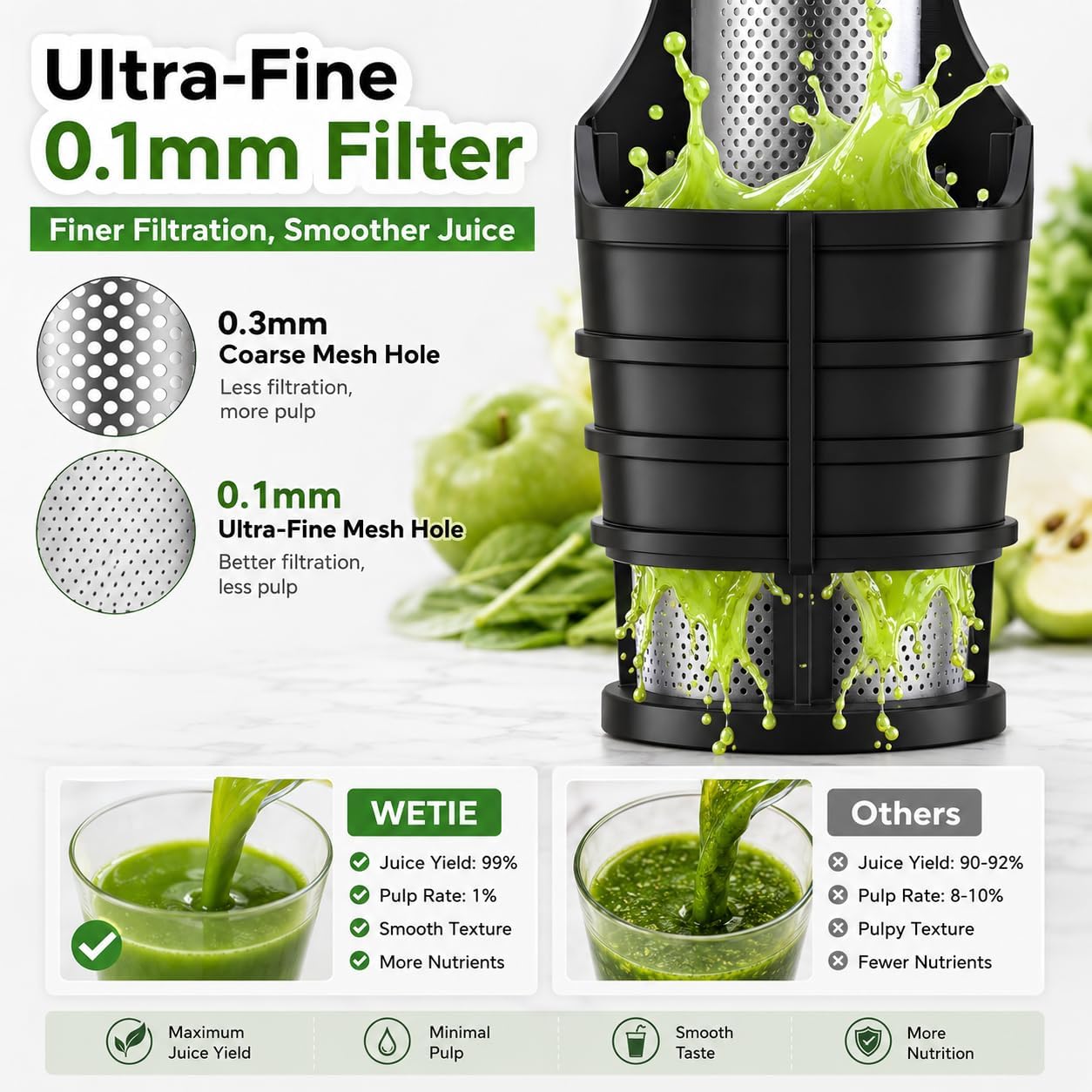 WETIE Cold Press Juicer, Powerful Juicer Machines with Adjustable Juicing Pressure, 99% High Juice Yield, Quiet Slow Masticating Juicer with Touch Screen, 3.54'' Feed Chute, Easy to Clean with Brush
