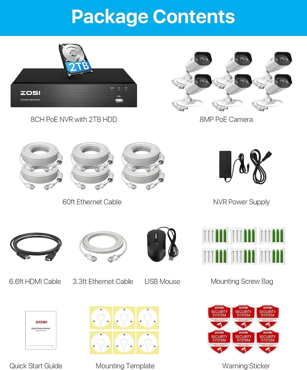 ZOSI 4K Security Camera System,6pcs 4K Outdoor Indoor PoE Cameras,8 Ports 16CH 8MP NVR with 2TB HDD,Person Vehicle Detection,2 Way Audio,Spotlight Siren, Color Night Vision,for Home 24/7 Recording