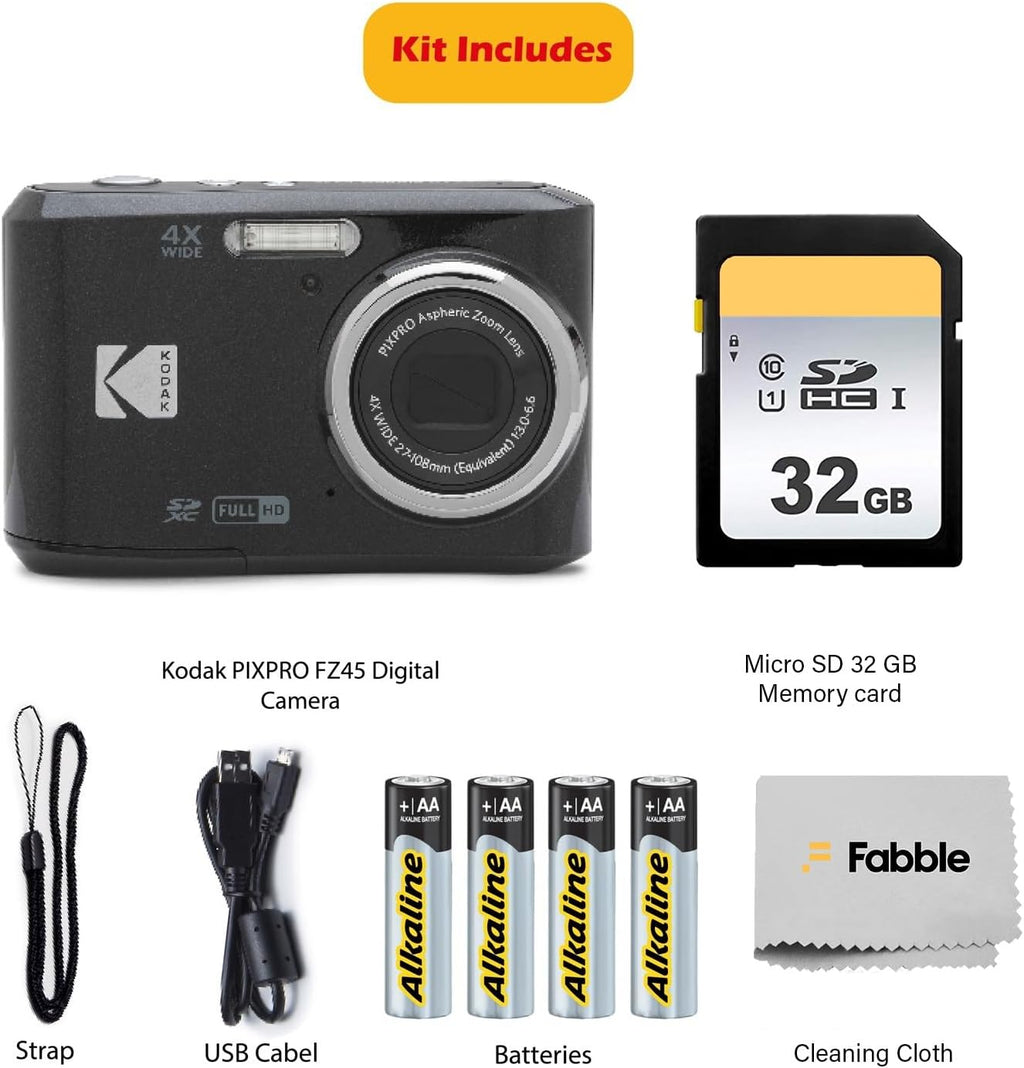 KODAK PIXPRO FZ45 16MP Digital Camera with 4X Optical Zoom 27mm Wide Angle and 2.7' LCD Screen Bundle with 32GB SD Memory Card, AA Batteries (4 Pack), Lens Cleaning Cloth (Black)