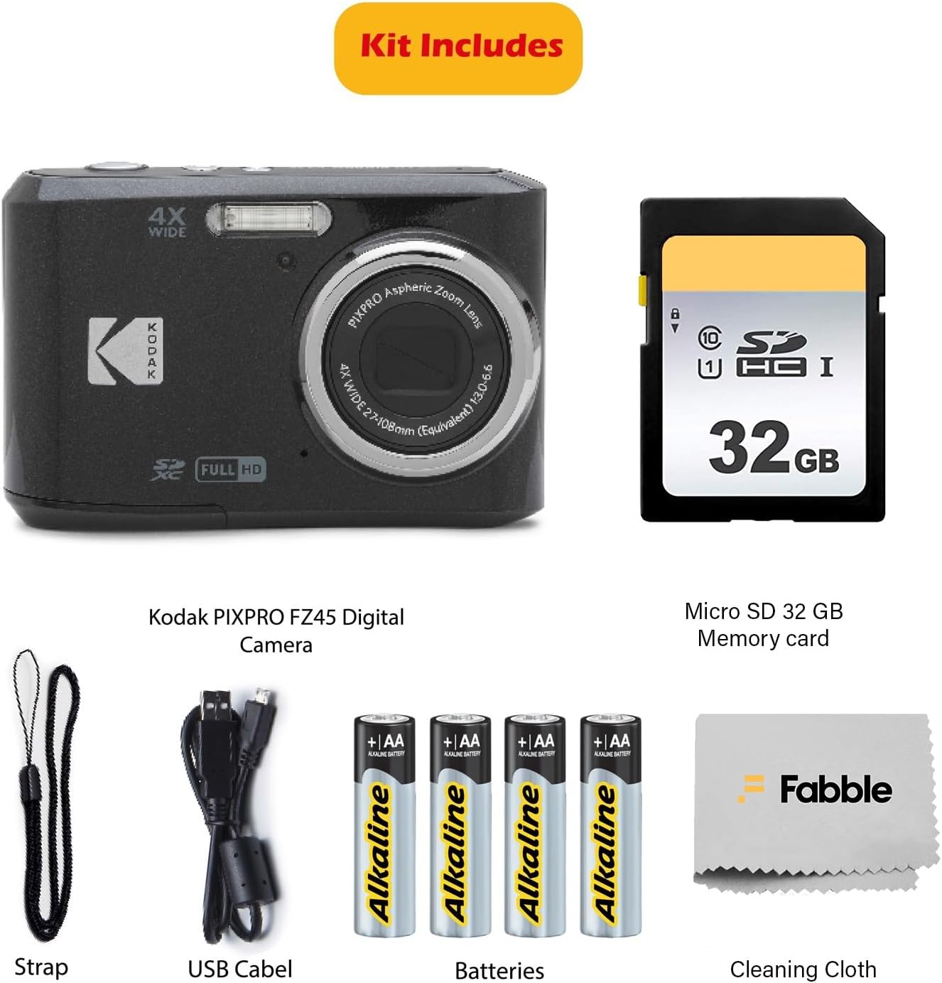 KODAK PIXPRO FZ45 16MP Digital Camera with 4X Optical Zoom 27mm Wide Angle and 2.7' LCD Screen Bundle with 32GB SD Memory Card, AA Batteries (4 Pack), Lens Cleaning Cloth (Black)
