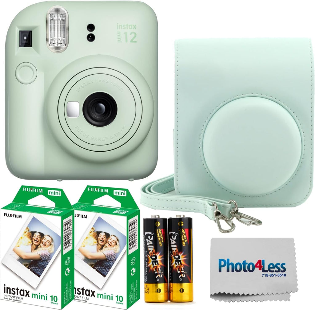 Fujifilm Instax MiniI 12 Instant Film Camera Mint Green, Fujifilm Instax Mini Twin Pack Instant Film 20 Prints, Prtotective Case, Gift Bundle
