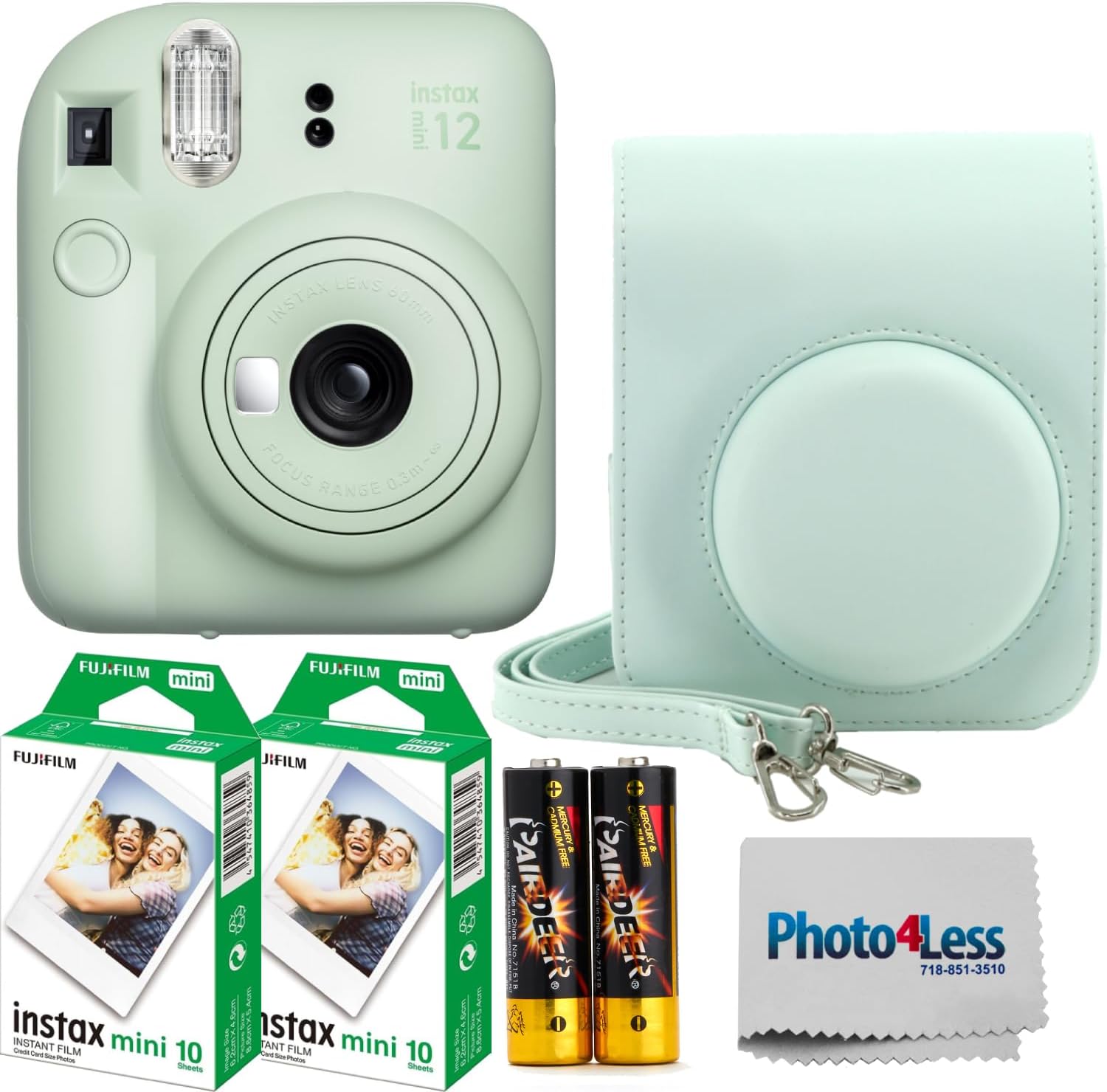 Fujifilm Instax MiniI 12 Instant Film Camera Mint Green, Fujifilm Instax Mini Twin Pack Instant Film 20 Prints, Prtotective Case, Gift Bundle