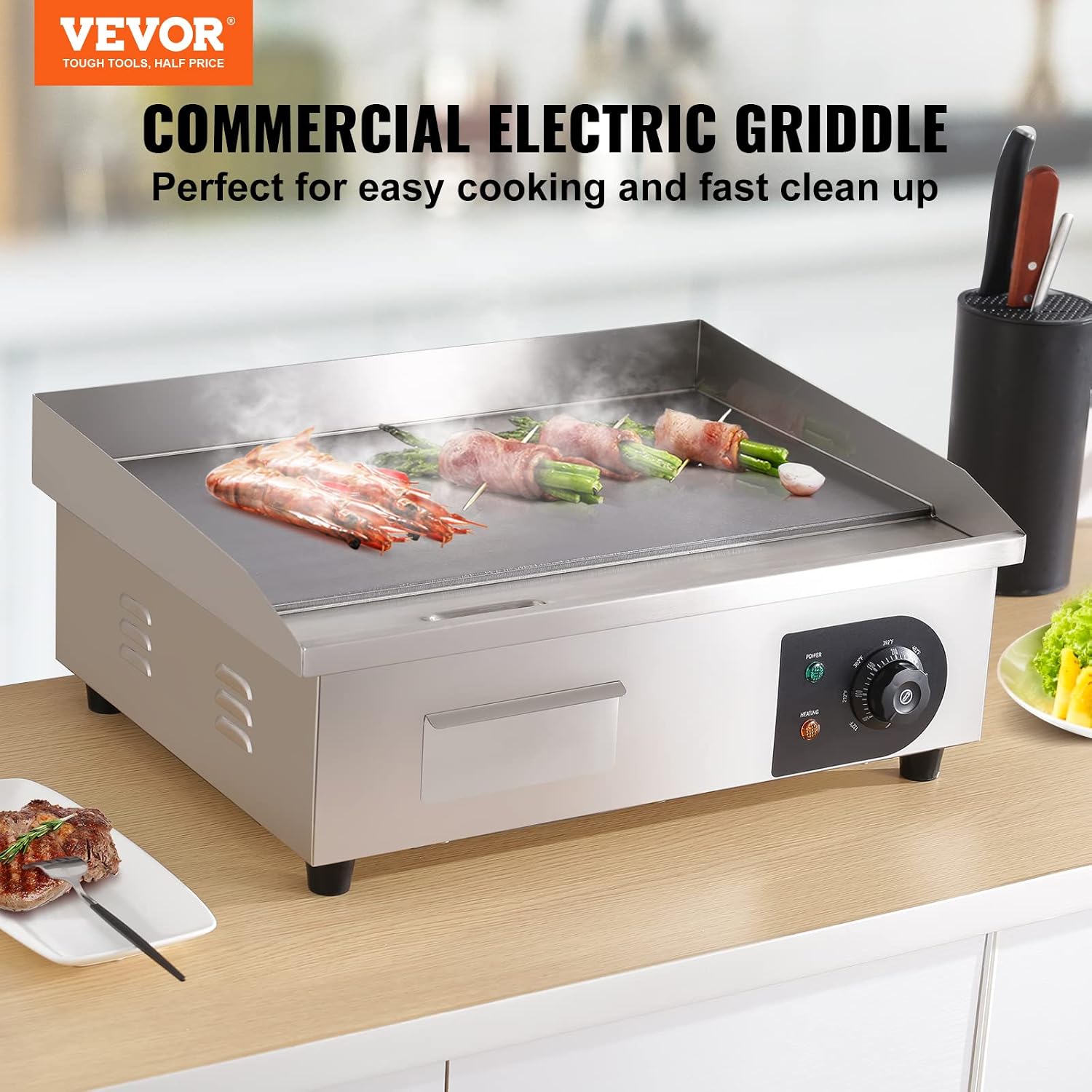 VEVOR Commercial Electric Griddle, 22', 1600W Countertop Flat Top Griddle, Stainless Steel Teppanyaki Grill w/Iron Cooking Plate, 122-572℉ Adjustable Temp Control 2 Shovels & Brushes, 110V