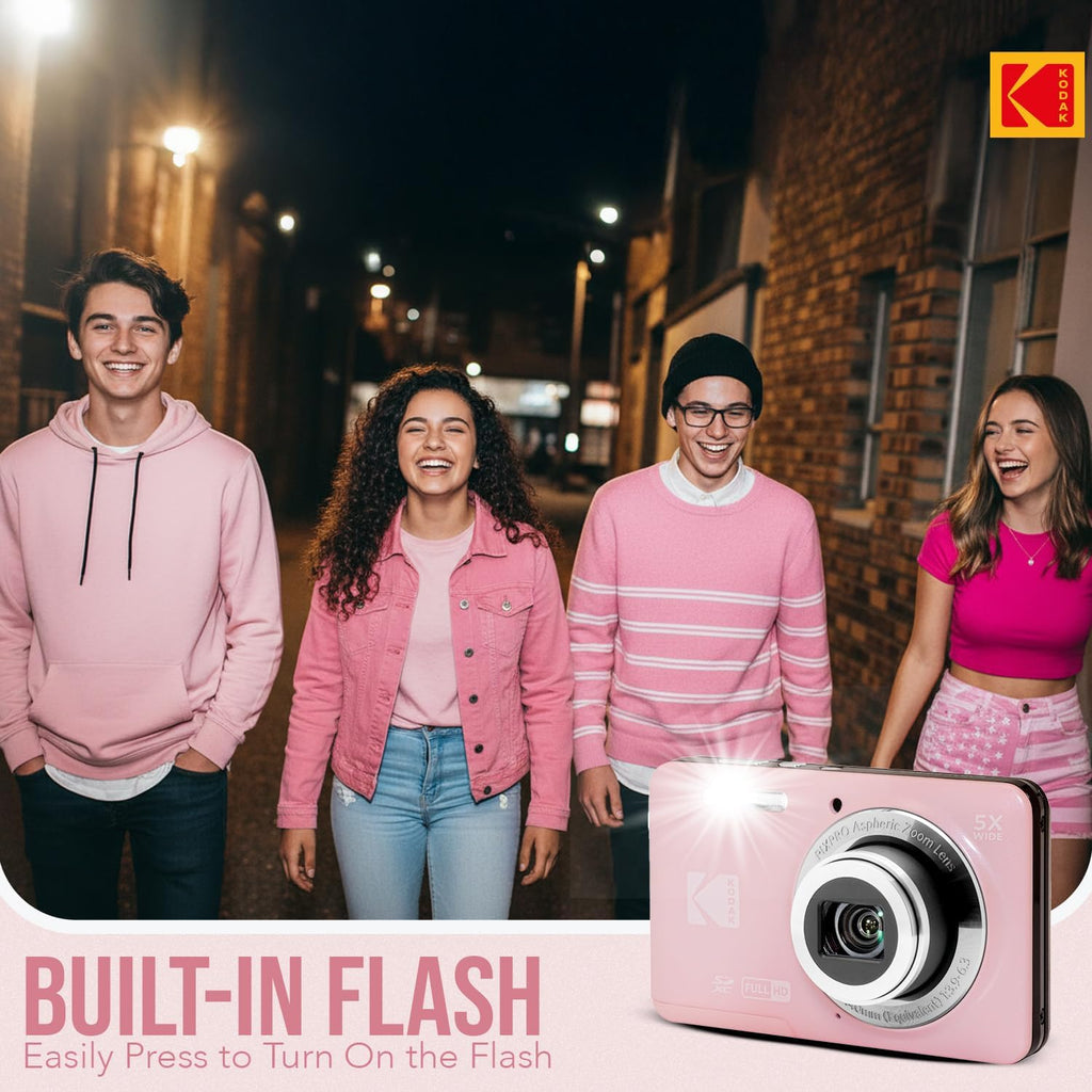 Kodak PixPro Friendly Zoom FZ55 16MP 1080p Full HD Digital Camera (Pastel Pink) Bundle with 128GB SD Card, Battery (2-Pack) and Travel Organizer (4 Items)