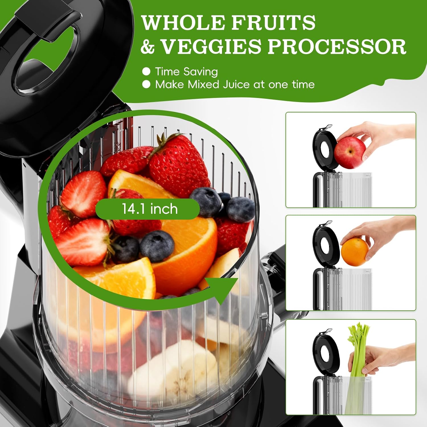 Cold Press Juicer, Wide Feed Chute Juicer Machines, Stainless Steel Slow Masticating Juicers Easy to Clean, Vegetables & Fruits Juice Extractor, High Juice Yield, Orange Auger