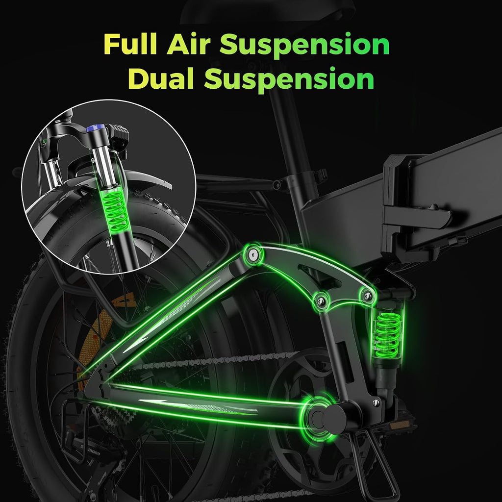 Aipas F3 Electric Bike for Adults with 1500W Motor Peak, 48V 12.8Ah Removable Battery Max 62 Miles 28MPH,20' x 3.0 Fat Tire Folding Electric Bike with 7-Speed and Full Suspension.