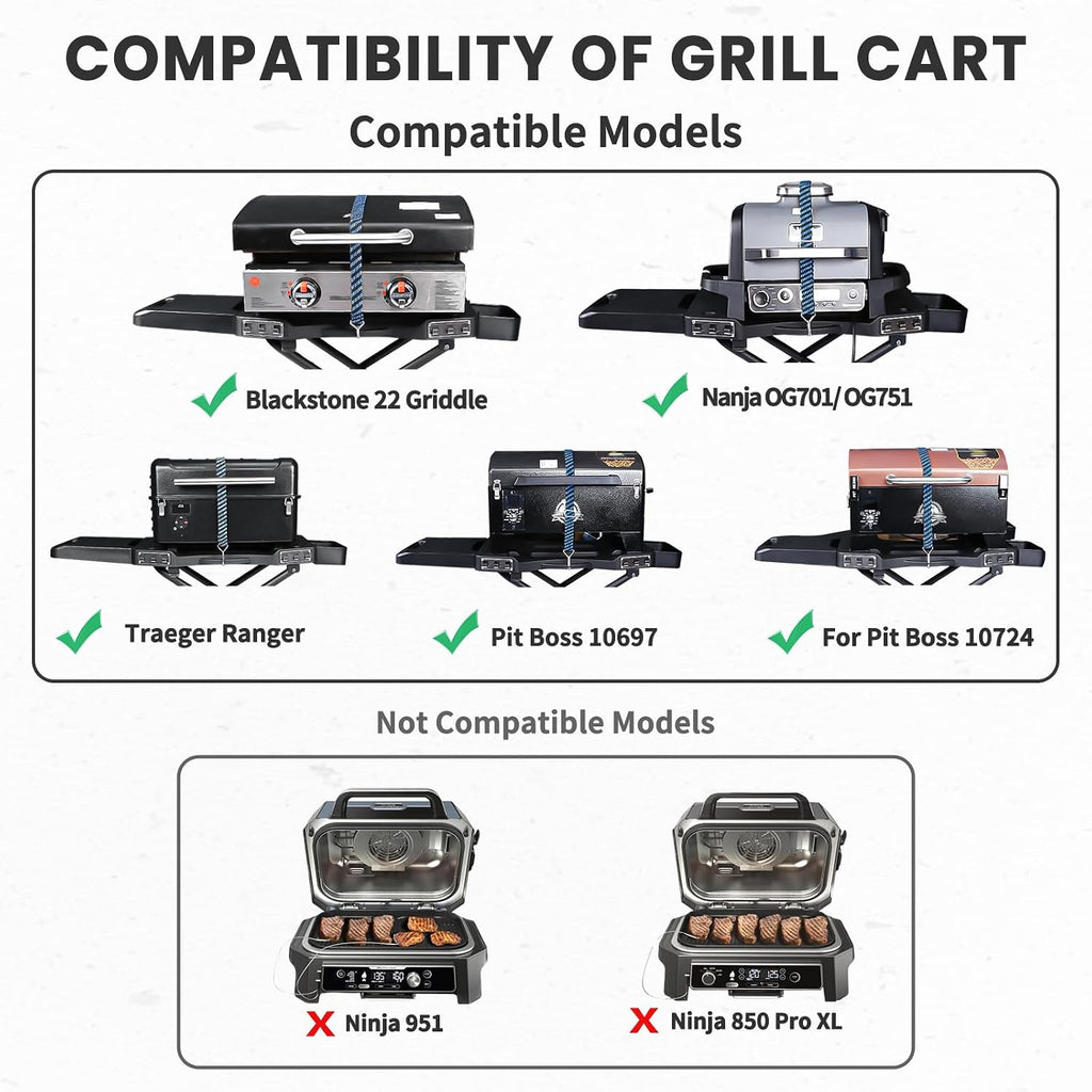GRISUN Foldable Grill Table Stand for Ninja Woodfire Outdoor Grill（OG700/701/751), Portable Camping Table for Blackstone 22', Portable BBQ Stand with 2 Wheels, Side Table & Storage Basket