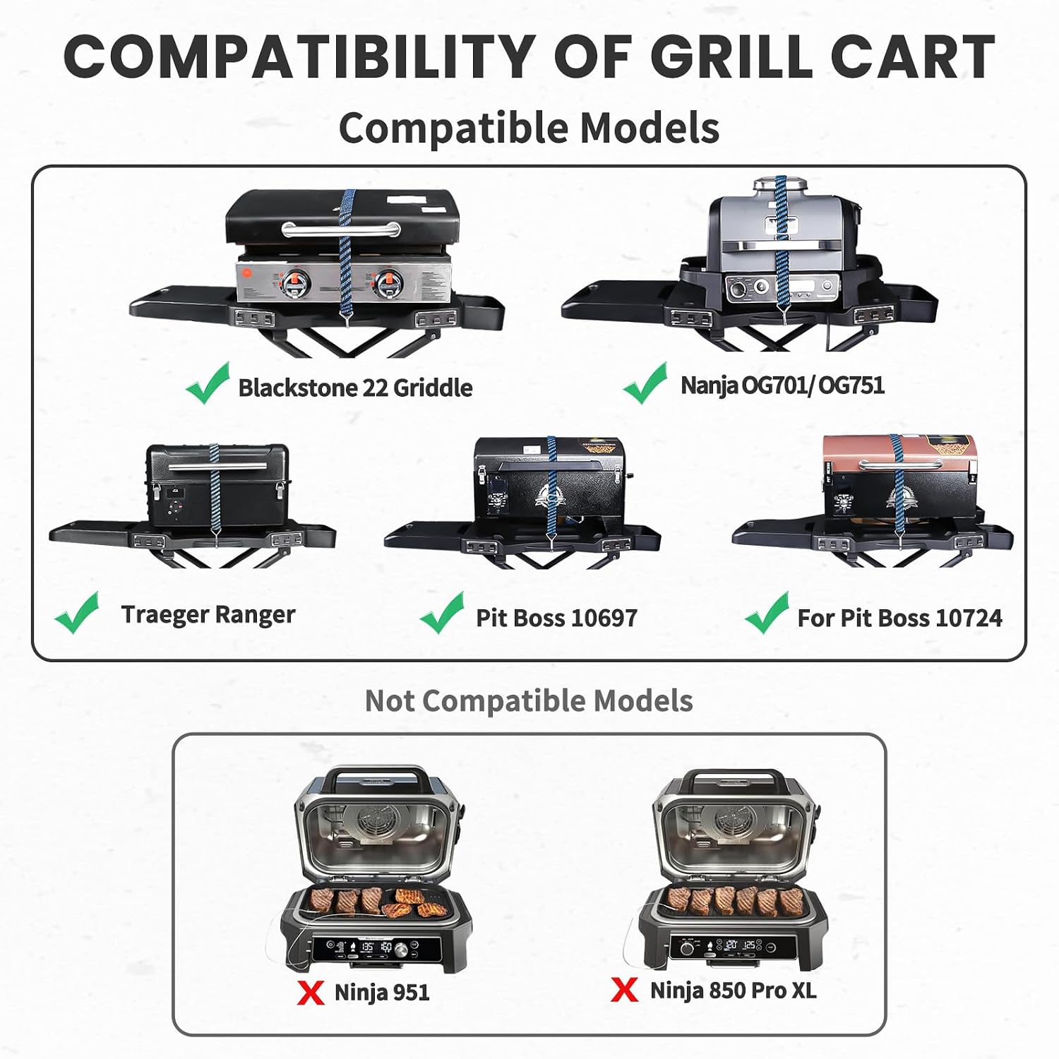 GRISUN Foldable Grill Table Stand for Ninja Woodfire Outdoor Grill（OG700/701/751), Portable Camping Table for Blackstone 22', Portable BBQ Stand with 2 Wheels, Side Table & Storage Basket