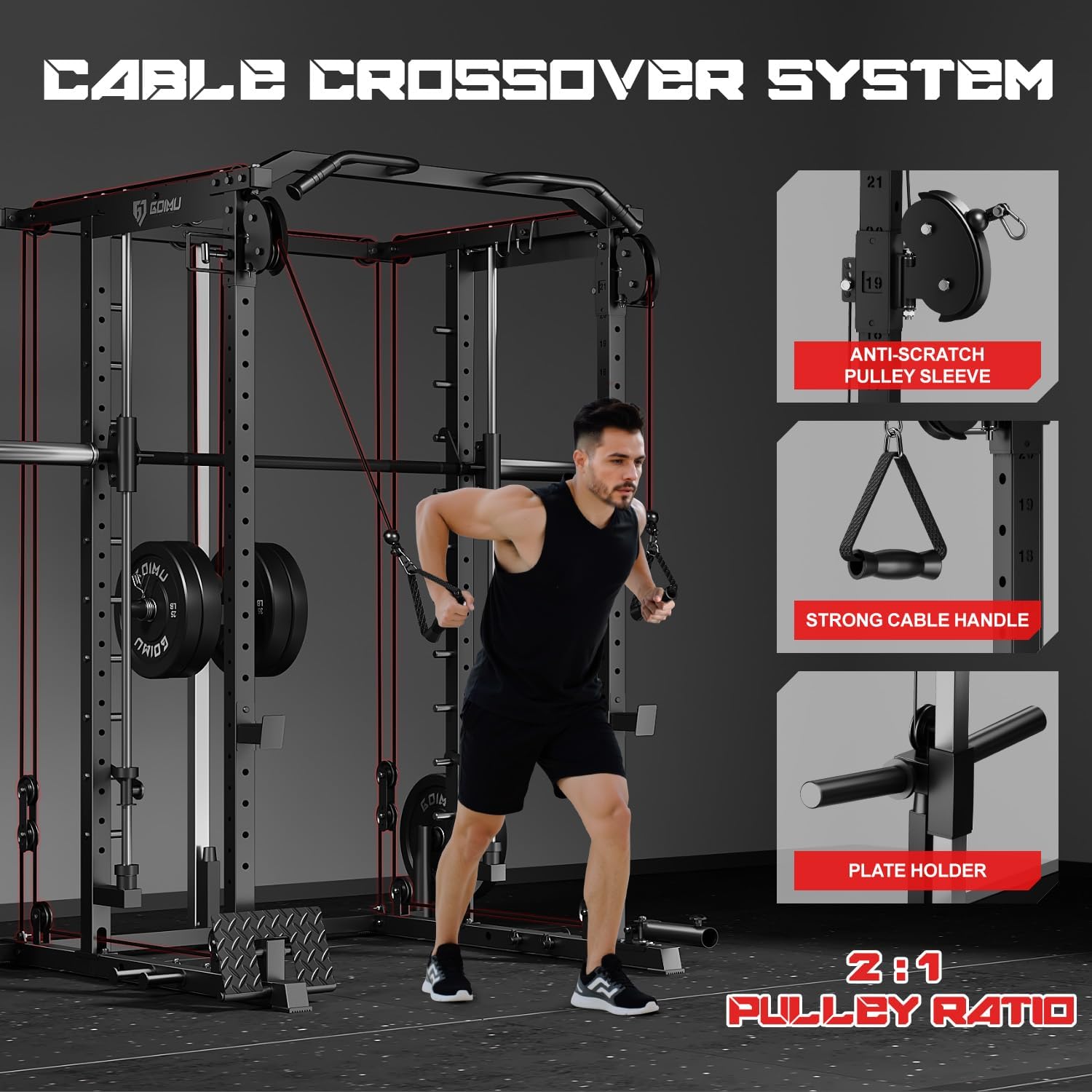 S1-V4 Smith Machine, 2000LBS Power Cage with Cable Crossover System, All-in-One Squat Rack with Smith Bar, Strength Training Equipment for Hone Gym