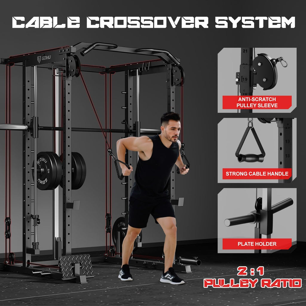 S1-V4 Smith Machine, 2000LBS Power Cage with Cable Crossover System, All-in-One Squat Rack with Smith Bar, Strength Training Equipment for Hone Gym