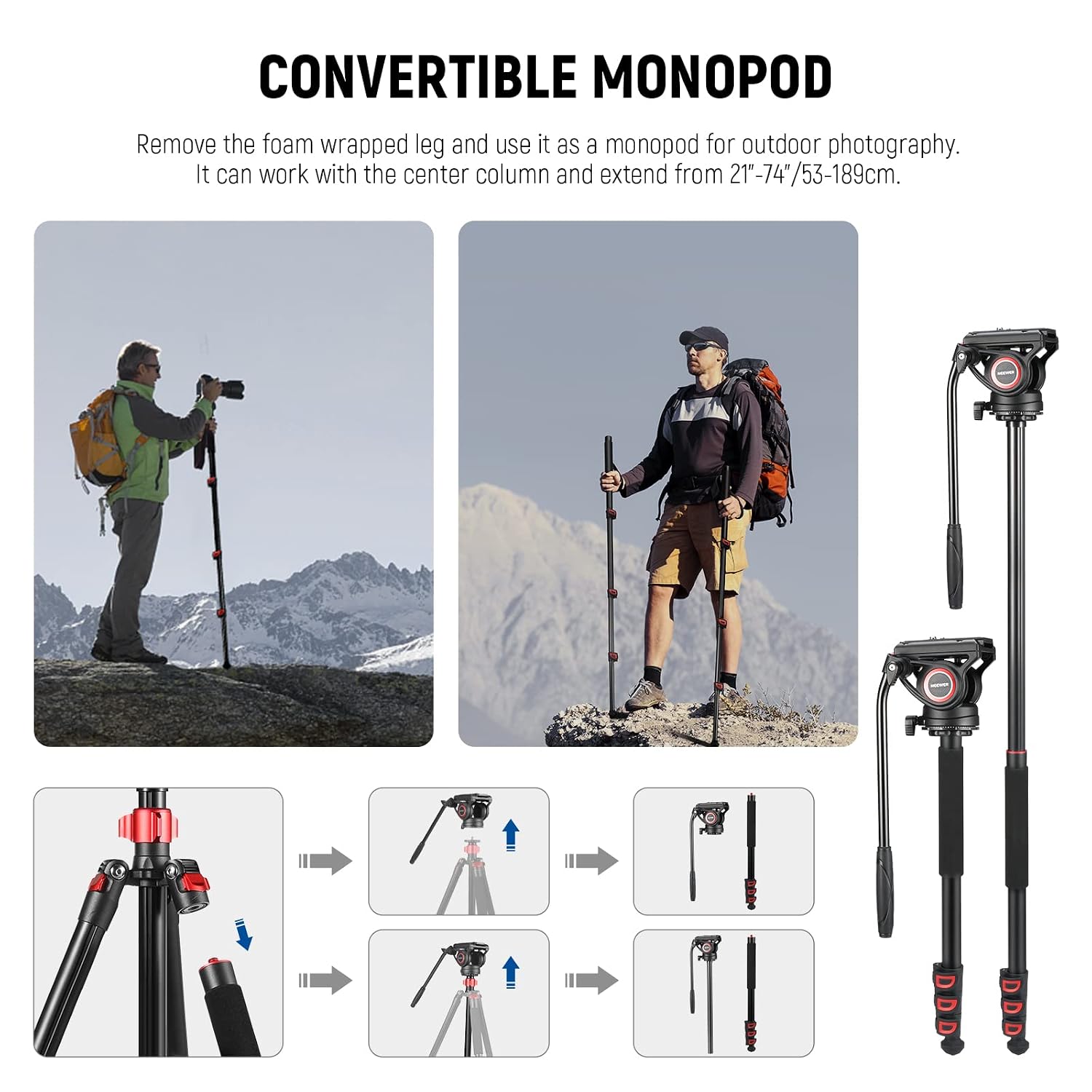 NEEWER 72' Fluid Head Video Tripod Monopod, Aluminum Alloy QR Plate Compatible with DJI RS Gimbal, 360° Pan & +90°/-70° Tilt for DSLR Camera Camcorder, Max Load 13.2lb/6kg, TP72A
